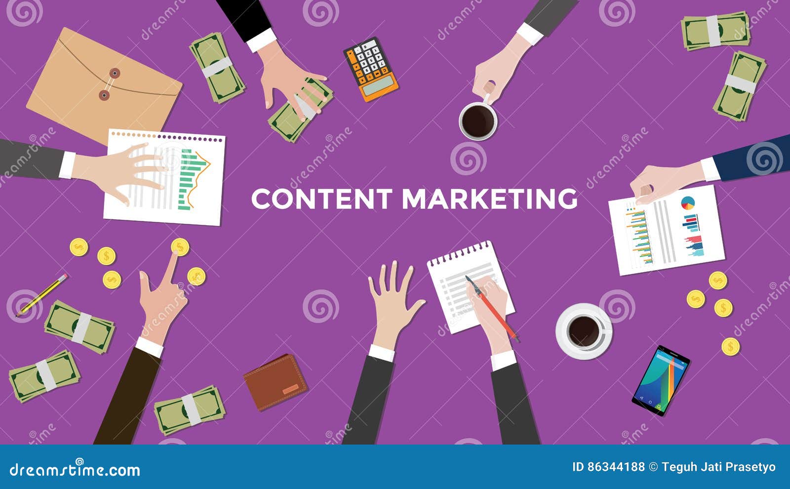 discuss content marketing concept in a meeting  with paperworks, folder document, money and coins on top of
