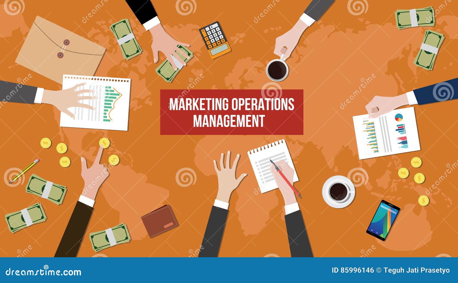 discussion about marketing operations management on a meeting table  with paperworks, money and document