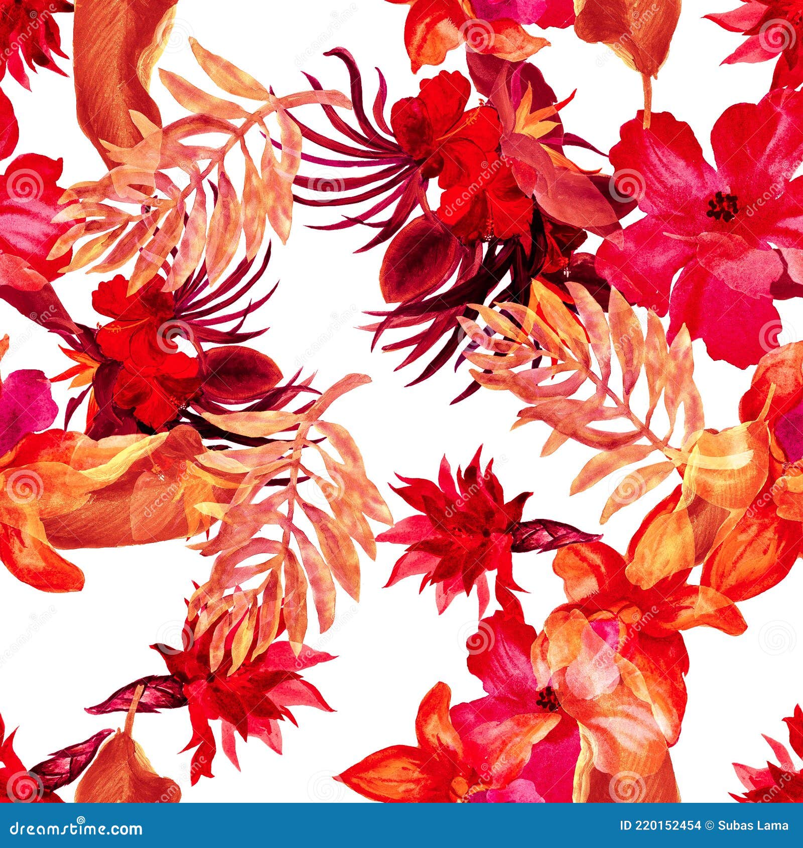 Diseño De Acuarela Roja. Diseño Flor Naranja. Fondo De Pantalla Sin  Costuras De Coral. Follaje Patrón Rosa. Fondo Tropical, Aislad Stock de  ilustración - Ilustración de bosque, selva: 220152454