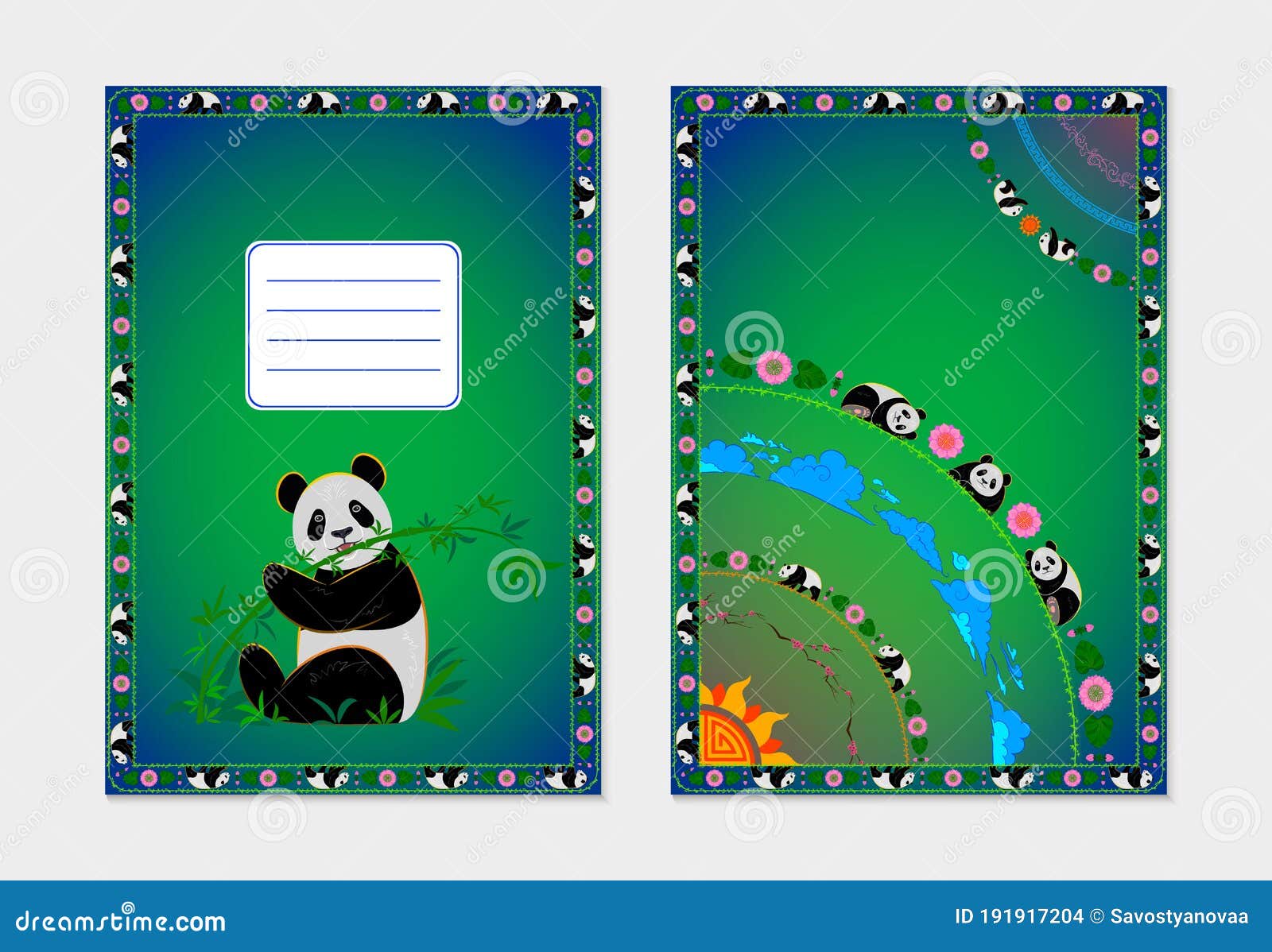 Diseño De Cuadernos Con Pandas Y Adorno Asiático Stock de ilustración -  Ilustración de franqueo, retro: 191917204