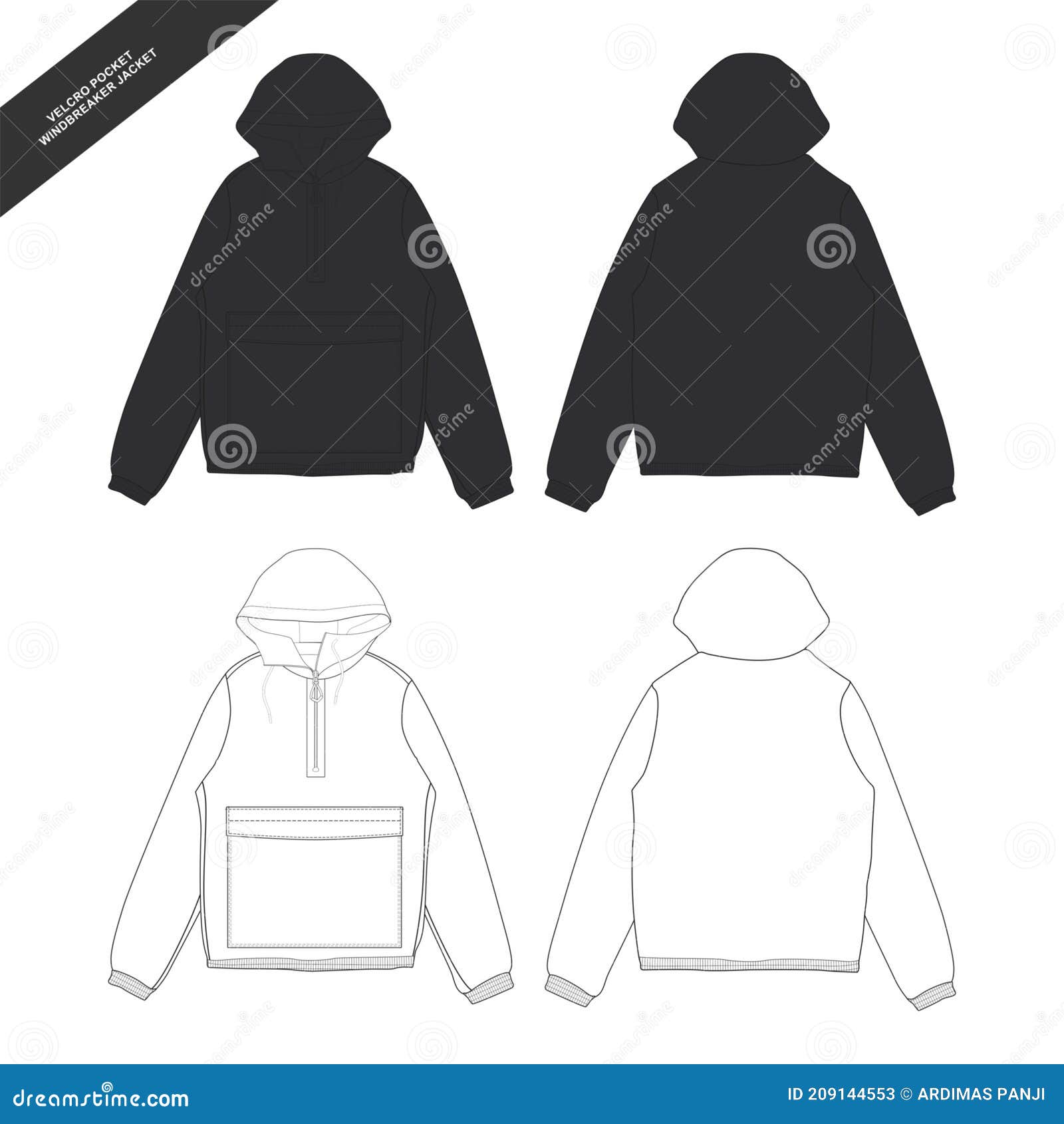 Diseño De Mockup De Casaca De Parabrisas De Bolsillo De Velcro En Blanco Y Negro Para Uso Comercial Ilustración Vector - Ilustración de funda, chaqueta: 209144553