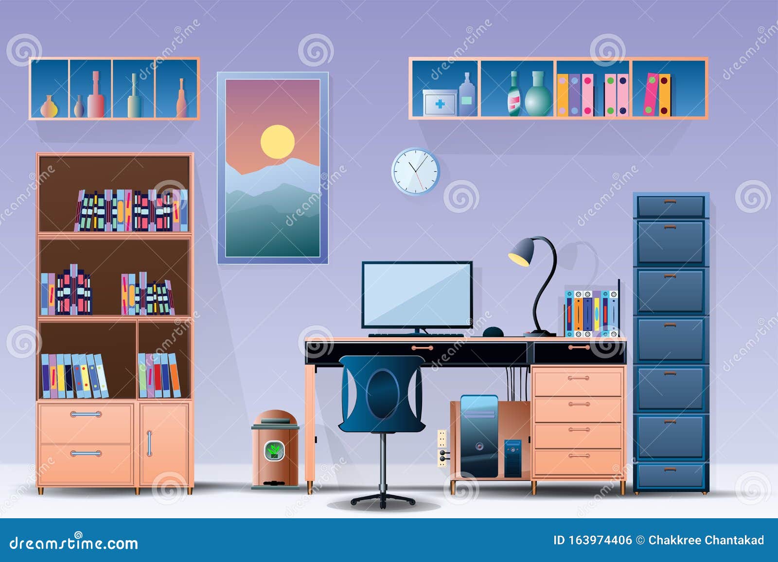 Muebles de oficina ligeros en el medio de la habitación diseño de la sala  de oficina ilustración 3d
