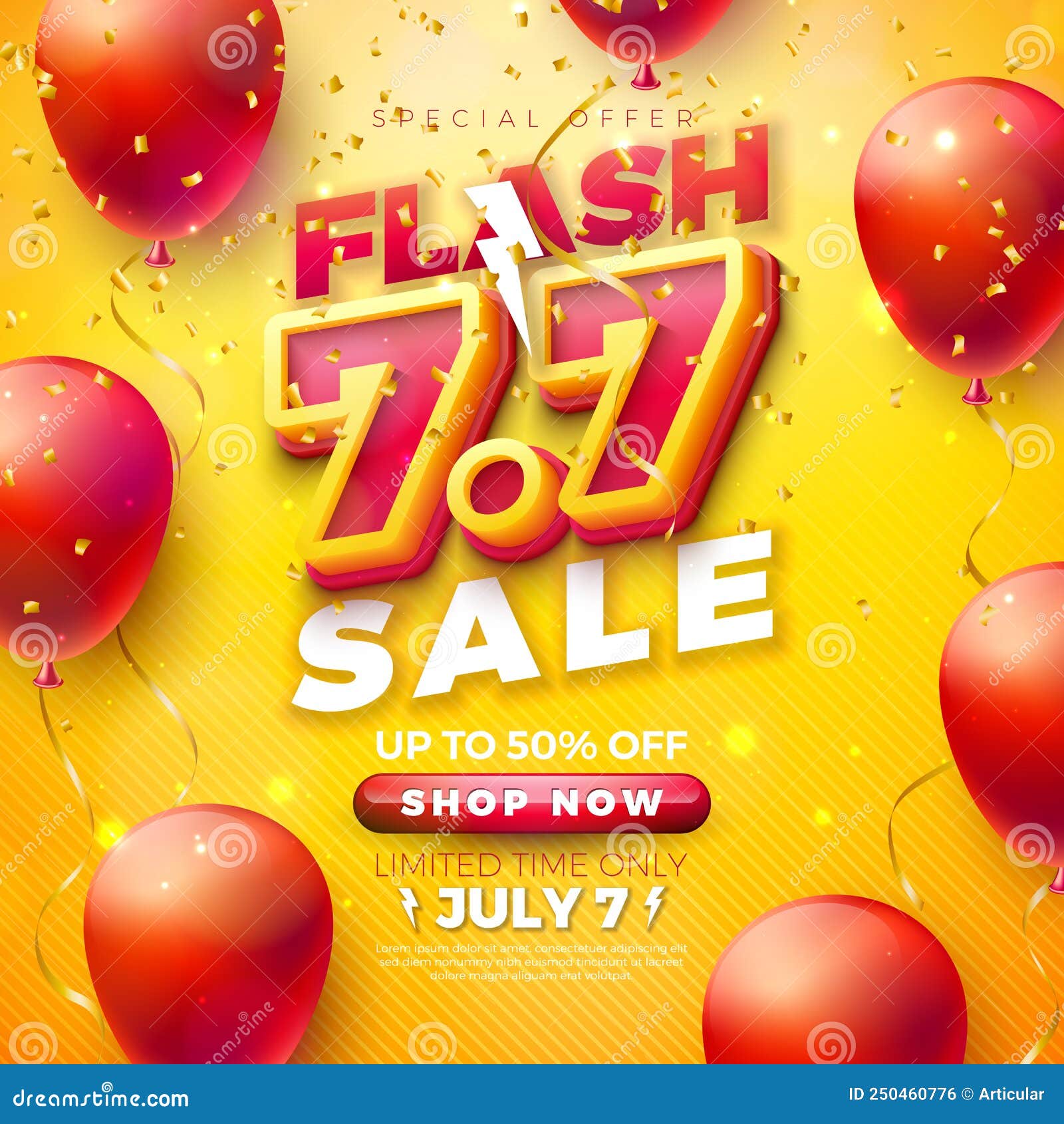 Diseño De Venta Flash De Día De Compras Con Número 3d 77 Y Globo De Fiesta  Con Fondo Amarillo. Oferta Especial De Vector 7 De Juli Ilustración del  Vector - Ilustración de