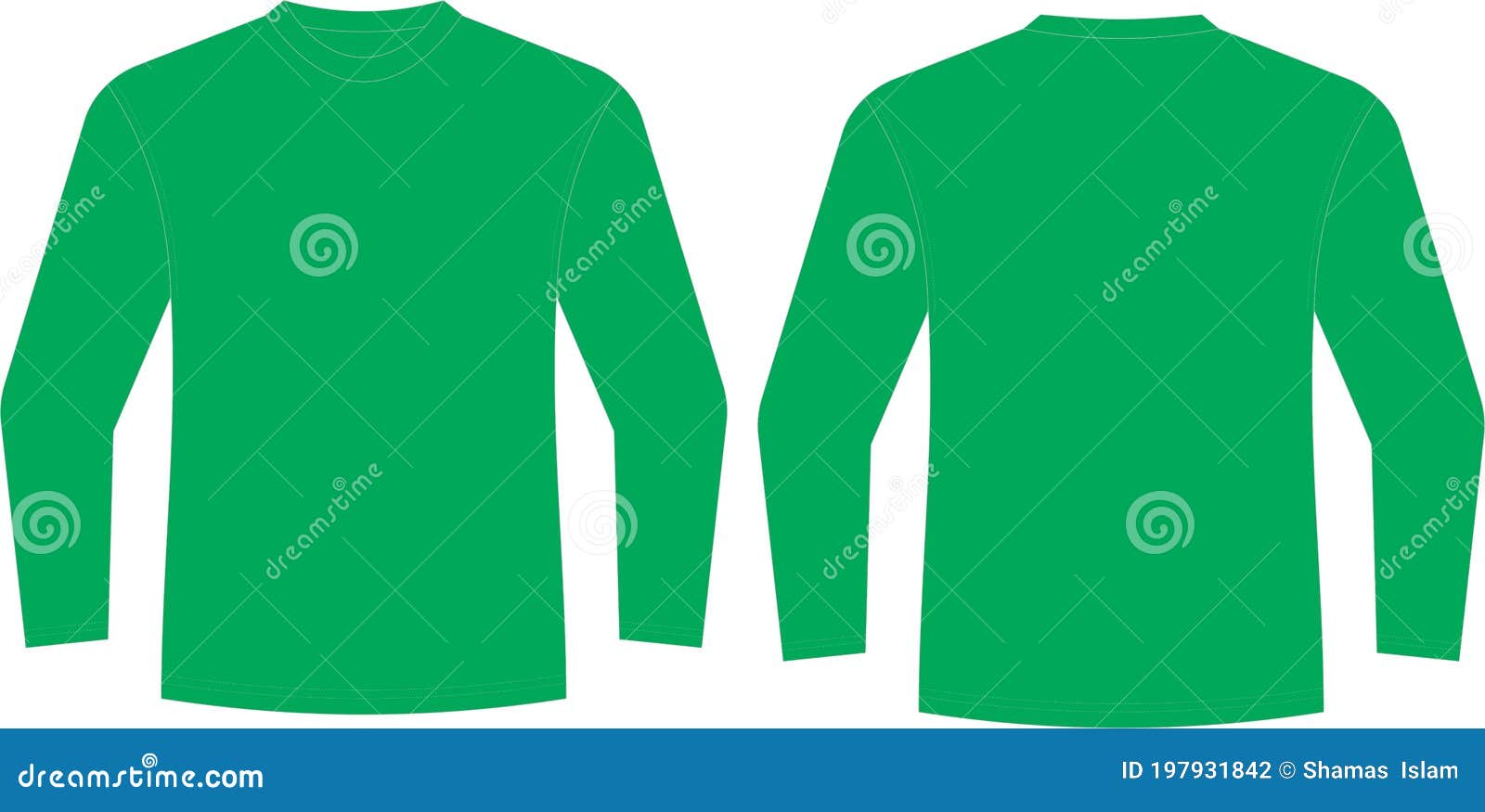 Diseño de camiseta de manga larga verde con vista frontal y posterior