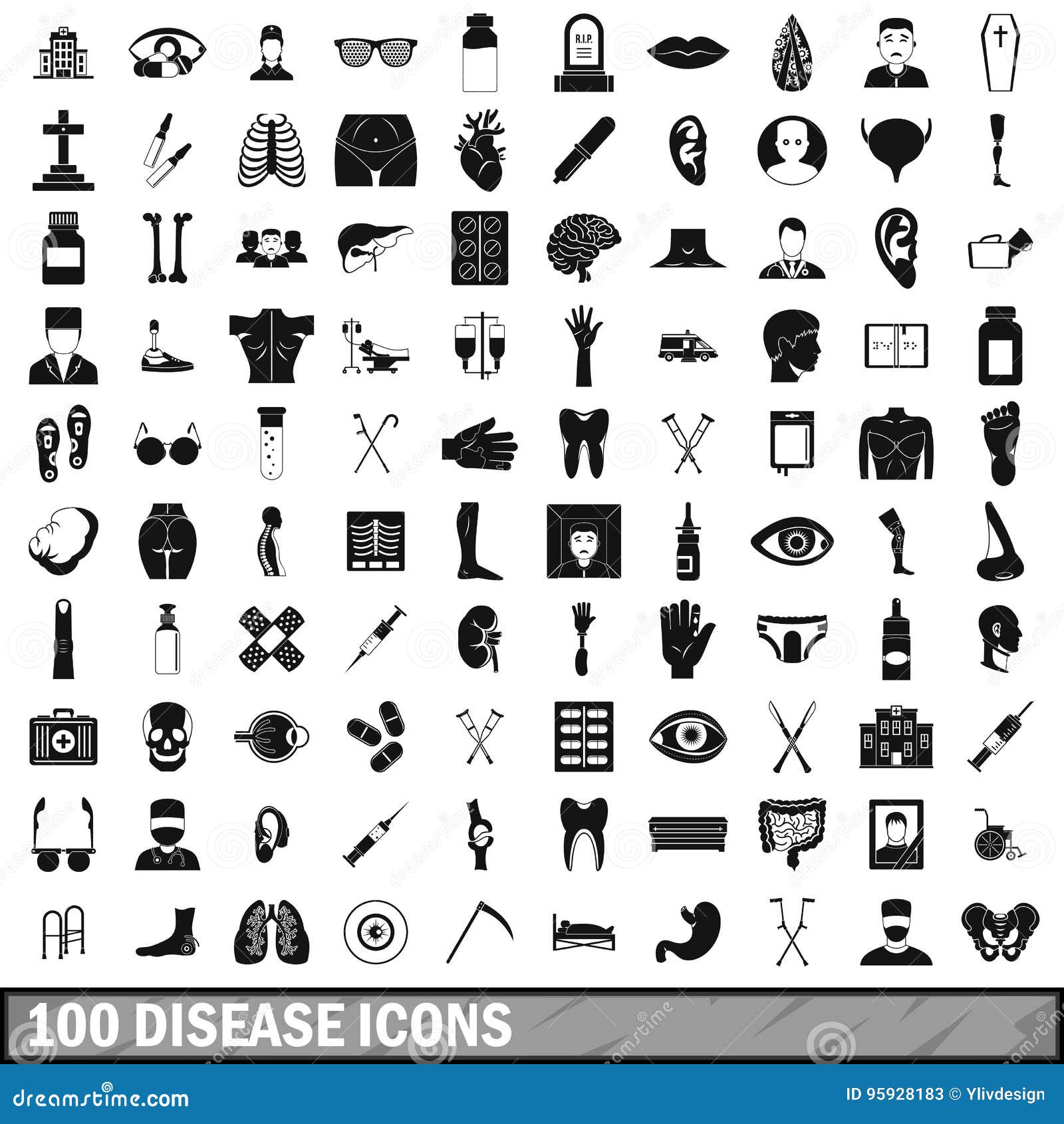 100 Disease Icons Set, Simple Style Stock Vector Illustration of