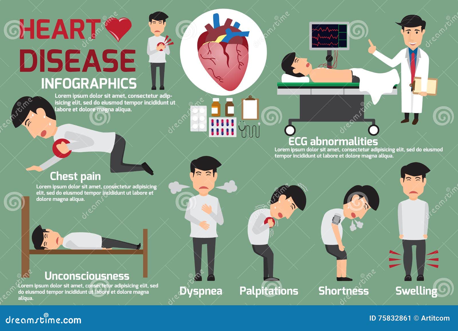 disease infographics. symptoms of heart disease and acute pain p