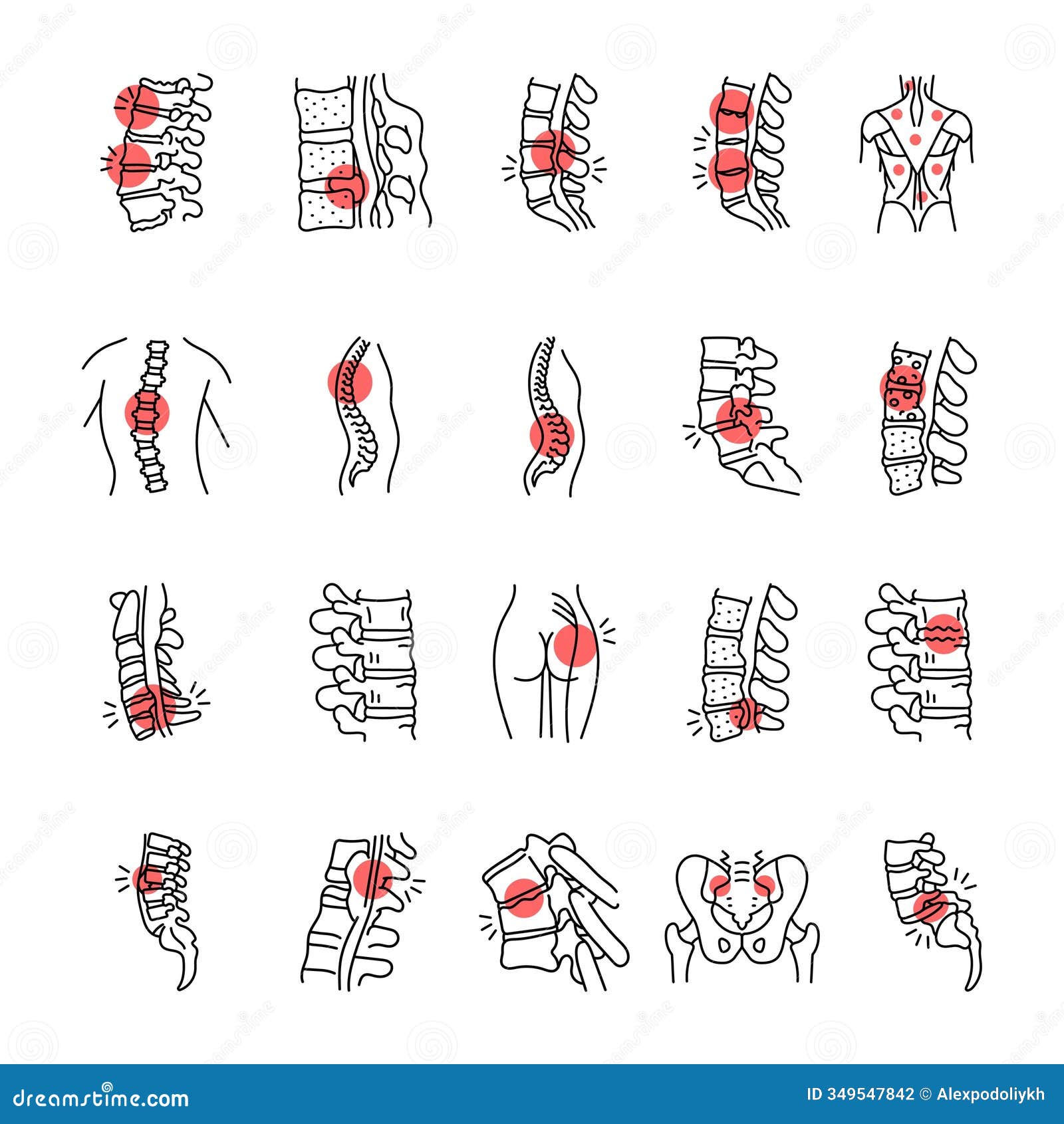 diseases of the spine color line icons set