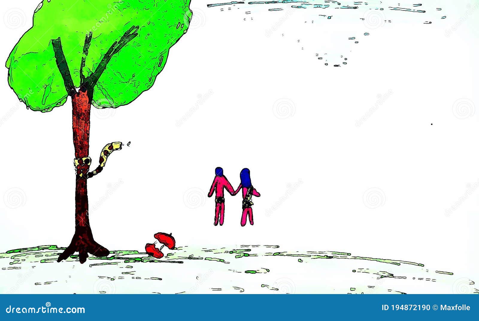 Chi Ha Mangiato La Mela Tra Adamo Ed Eva Disegno Digitale Che Rappresenta Adam E Eve Che Se Ne Vanno Dopo Aver