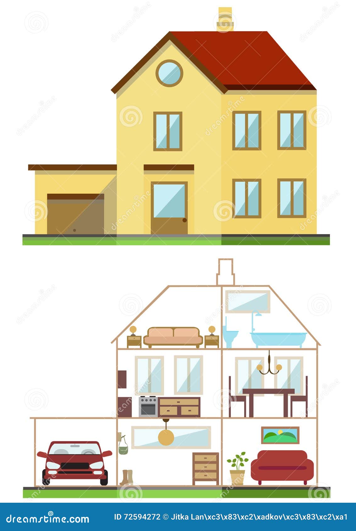 Diseño Plano Con La Casa Exterior E Interior Ilustración del Vector