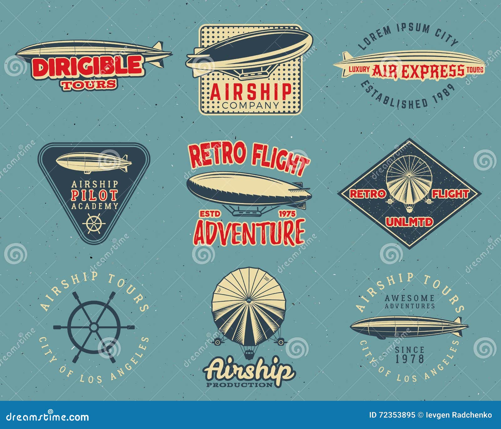 Diseños del logotipo del dirigible del vintage fijados El dirigible retro badges la colección Diseño del vector de la etiqueta del aeroplano Viejo diseño del dirigible Uso como logotipos de la mosca, etiquetas, sellos, remiendos para el diseño web, diseño de la camiseta, camiseta