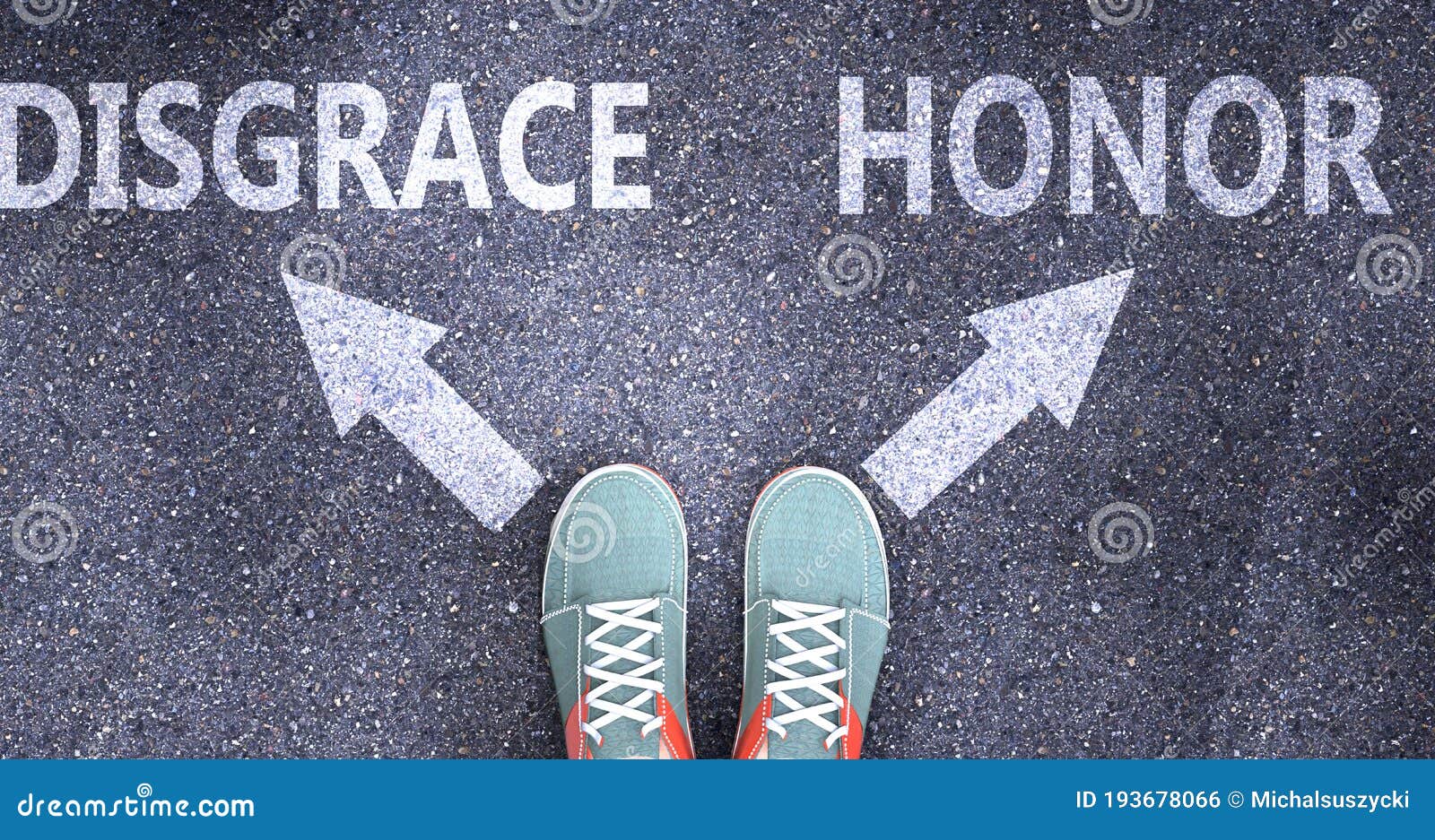 disgrace and honor as different choices in life - pictured as words disgrace, honor on a road to ize making decision and