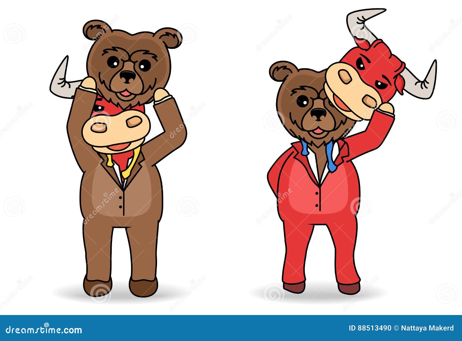 disguised bear and bull mask under rival his shirt. stock market concept.