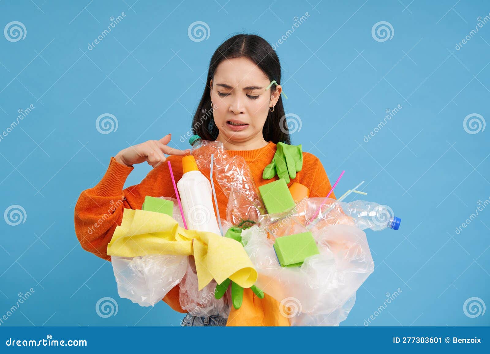 Disgusted Asian Woman, Holds Stinky Garbage, Recycling Her Waste with ...