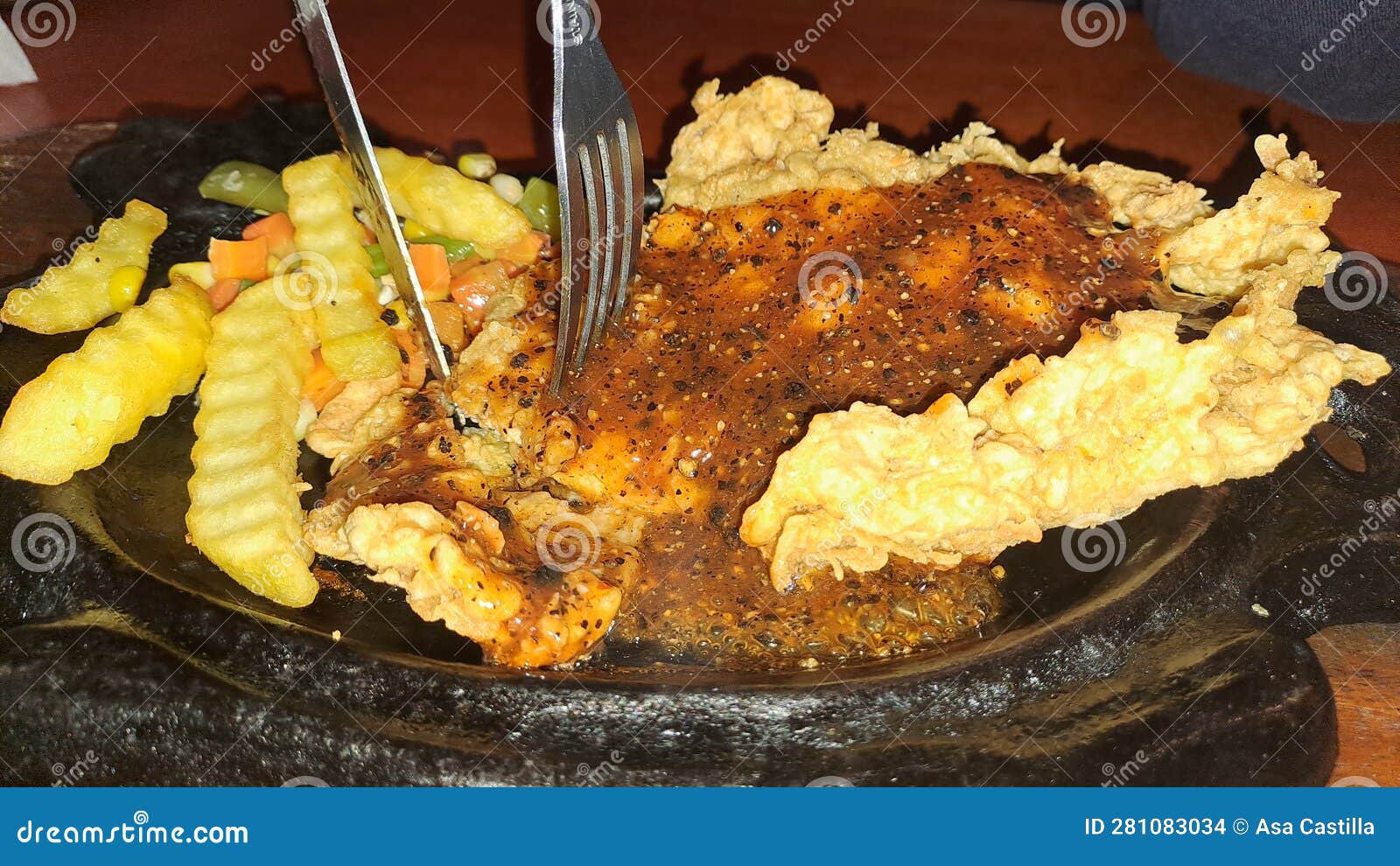 Dish, Chicken Crispy Steak with Potatoes and Vegetable in Hot Plate