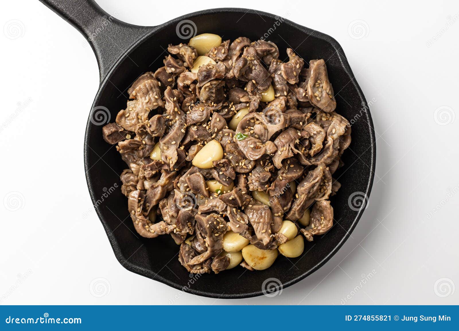 Stir-fried Chicken Gizzards and Garlic on a White Background Stock
