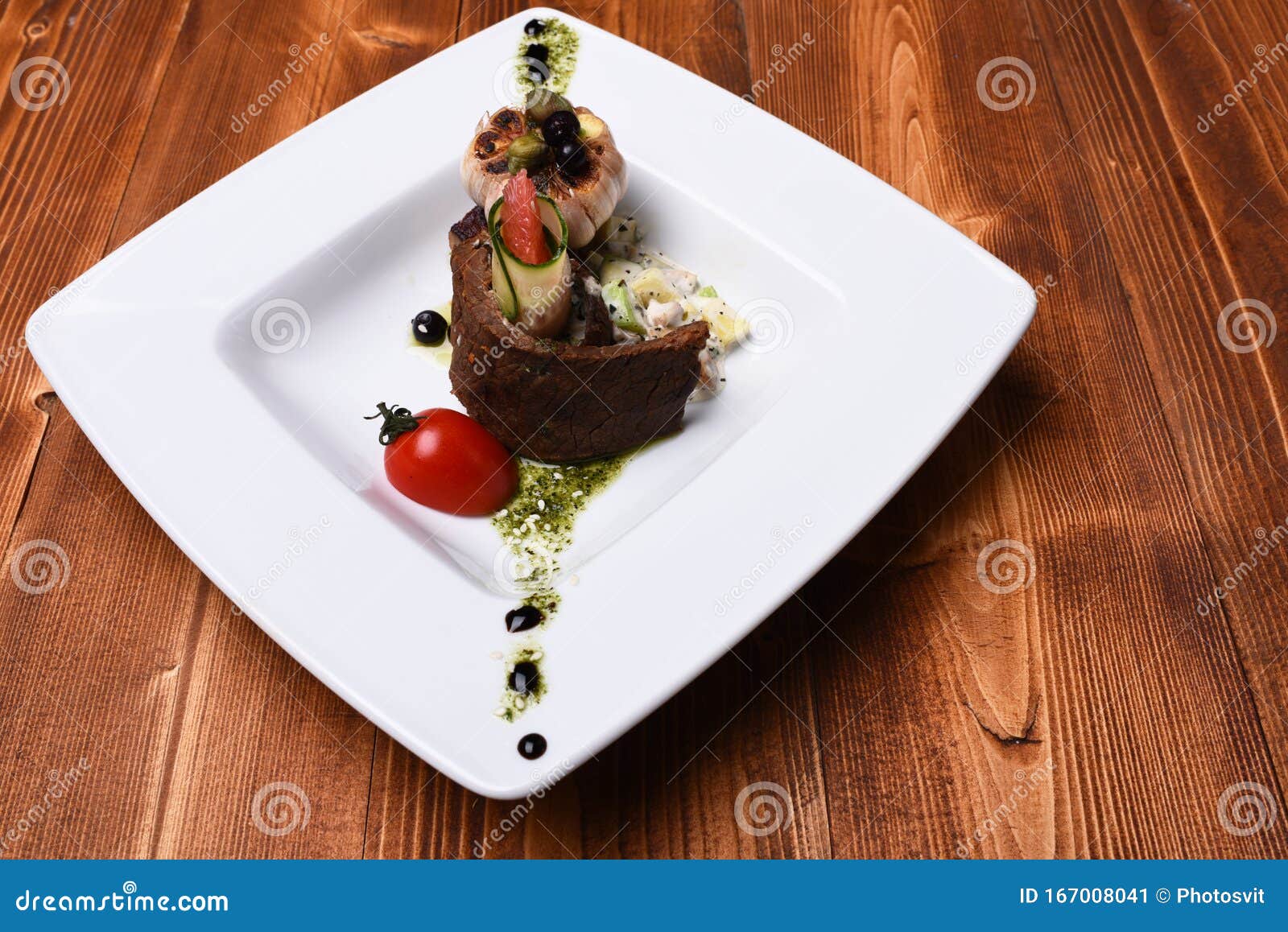 Dish with Modern Presentation on Square Plate. Stock Image Image of