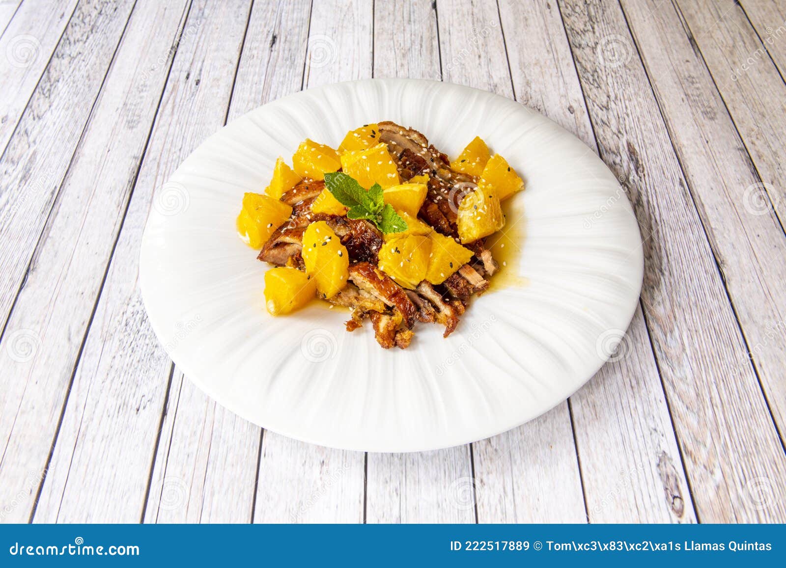 Dish of Orange Duck with Roasted Duck Fillets with Crispy Crust on