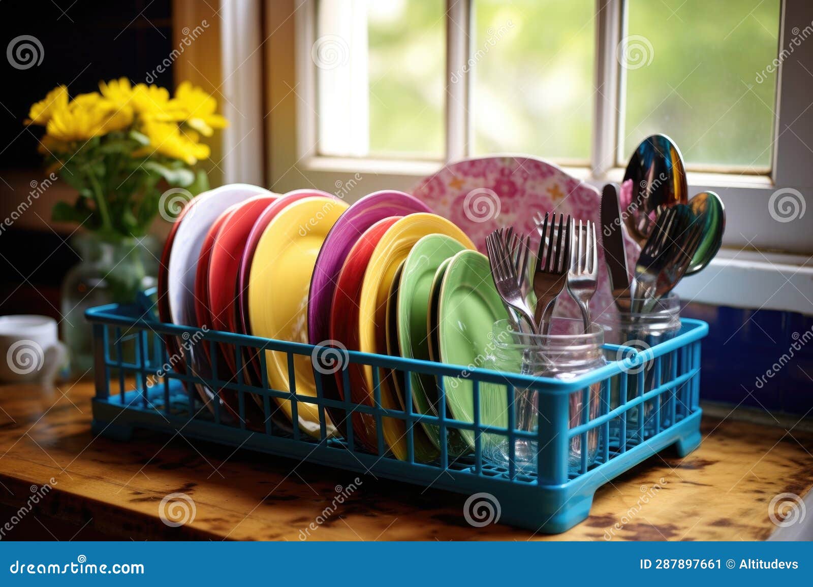 Dish Rack Filled with Clean, Colorful Dishes Stock Illustration