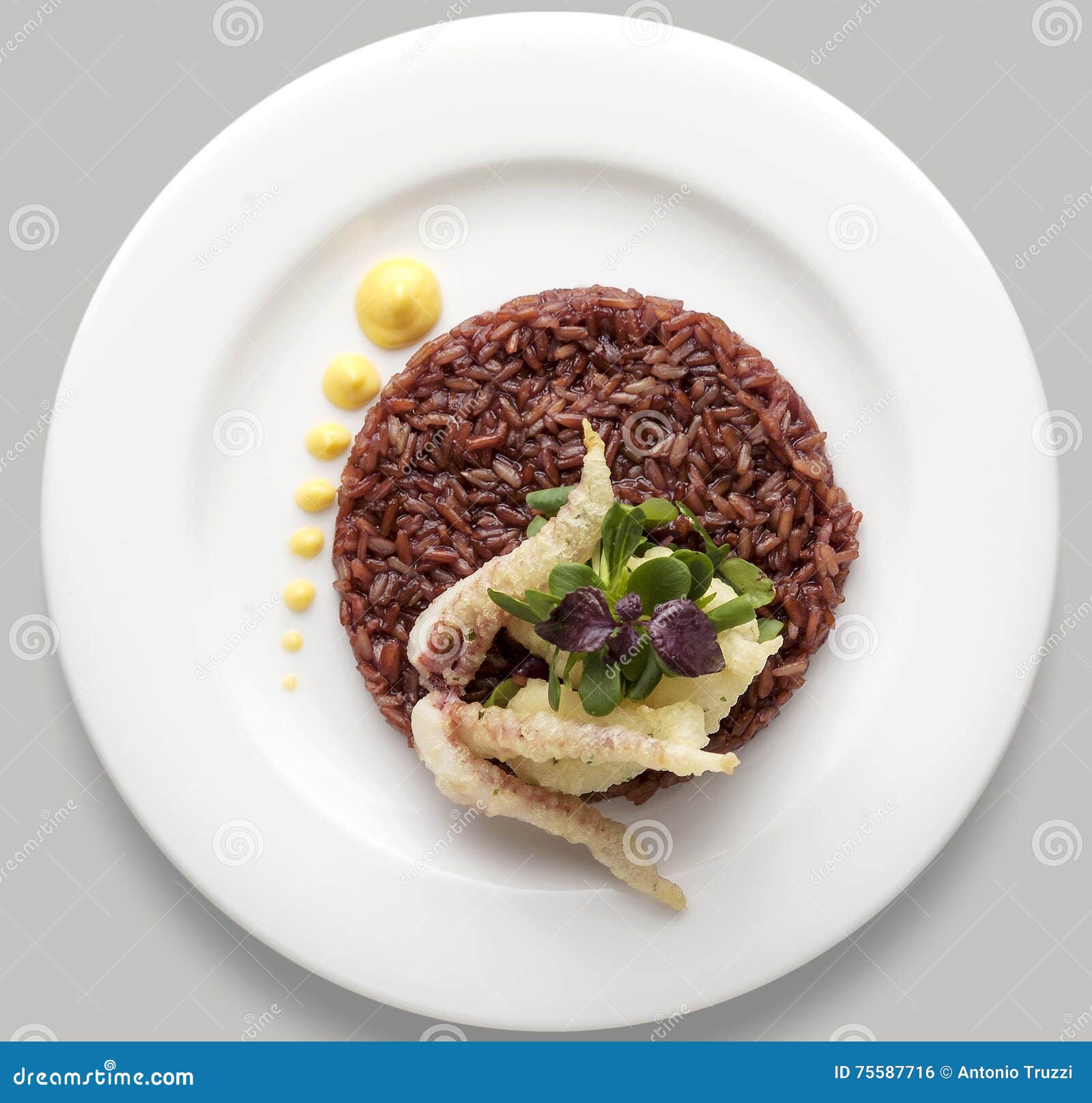 Dish of Red Rice, Fish Tempura and Sprouts Stock Photo Image of