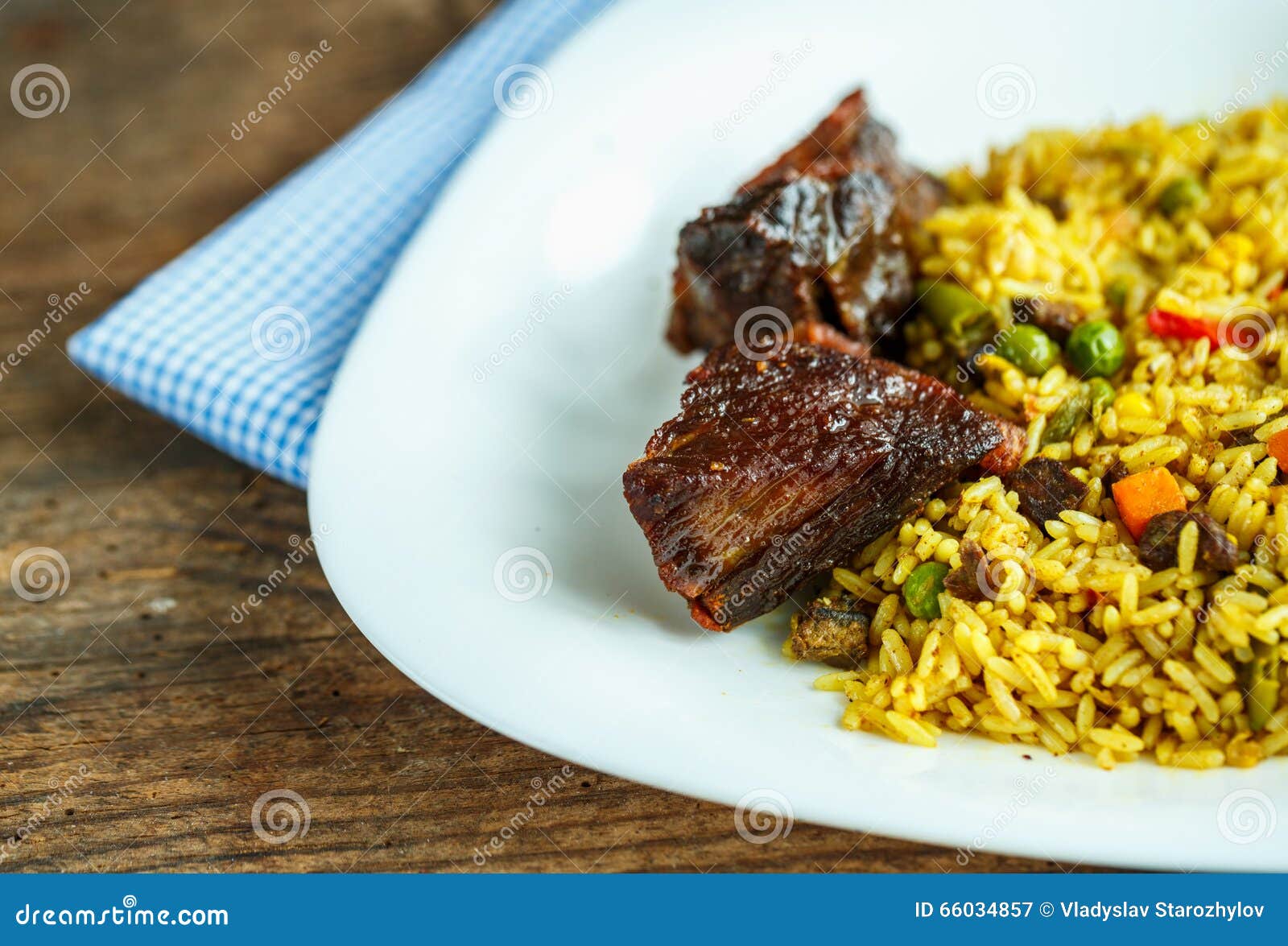Dish of Roast Beef with Rice and Salad Leaves Stock Image - Image of