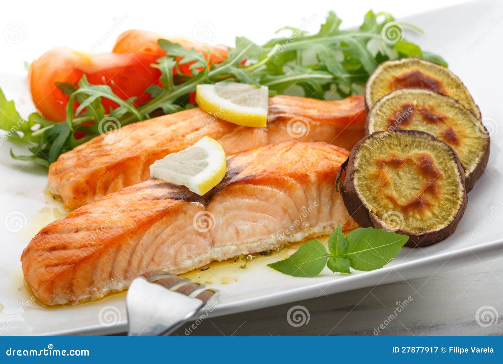 Dish of Roasted Salmon with Sweet Potatoes Stock Image Image of fork