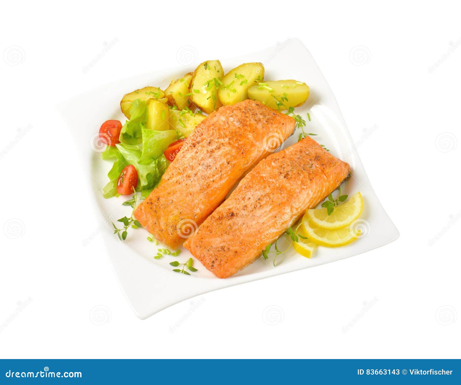 Dish of Salmon Fillets with Roasted Potatoes Stock Image Image of