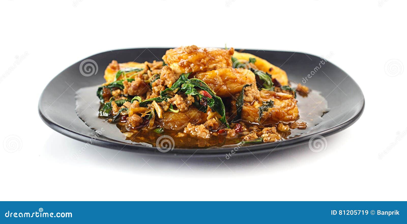 Dish of Stir Fried Eggs Tofu with Pork and Holy Basil Stock Image