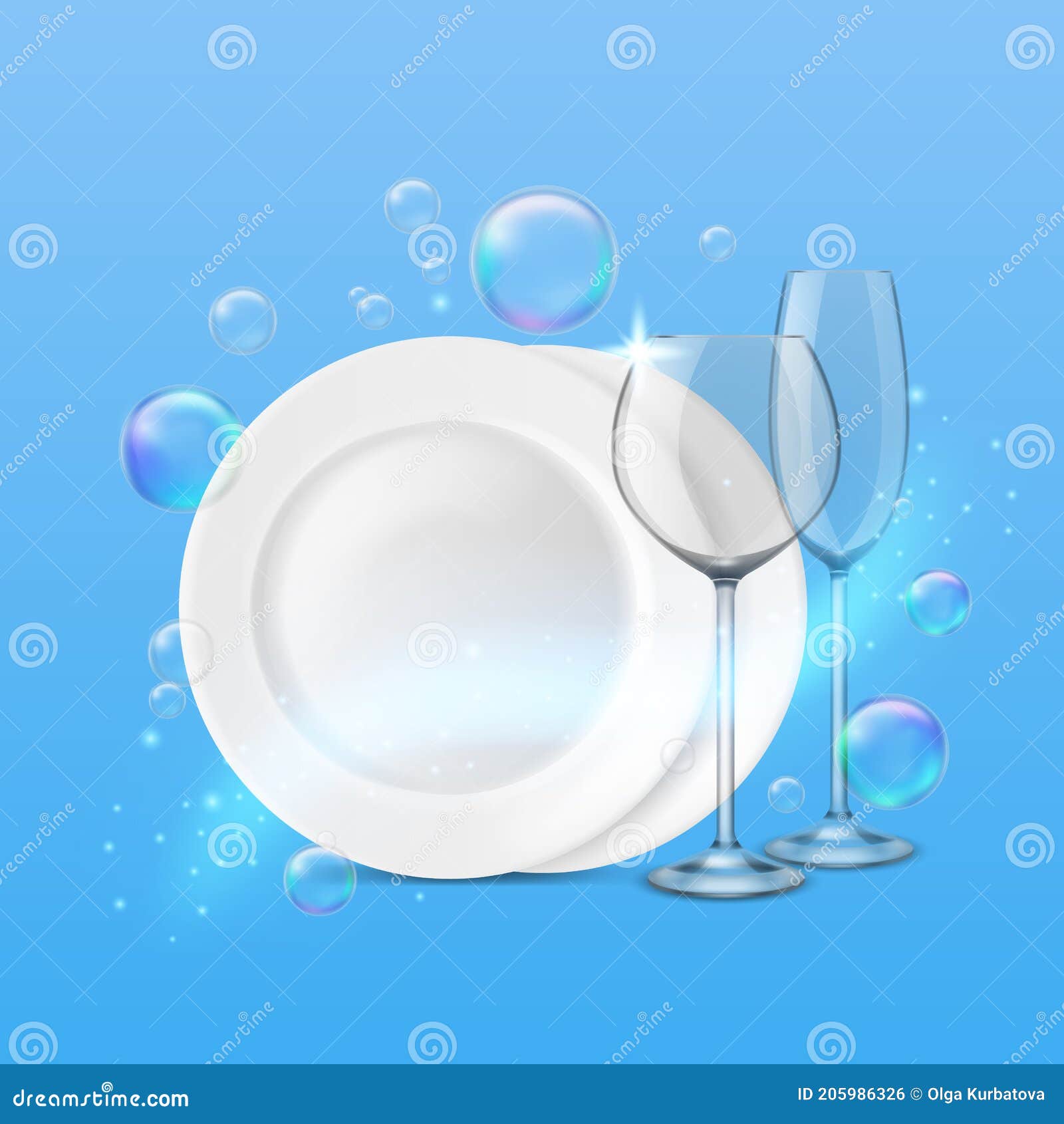 dish wash. realistic shiny dishes cleanness, fresh porcelain plates and wine and champagne glasses, soap bubbles around