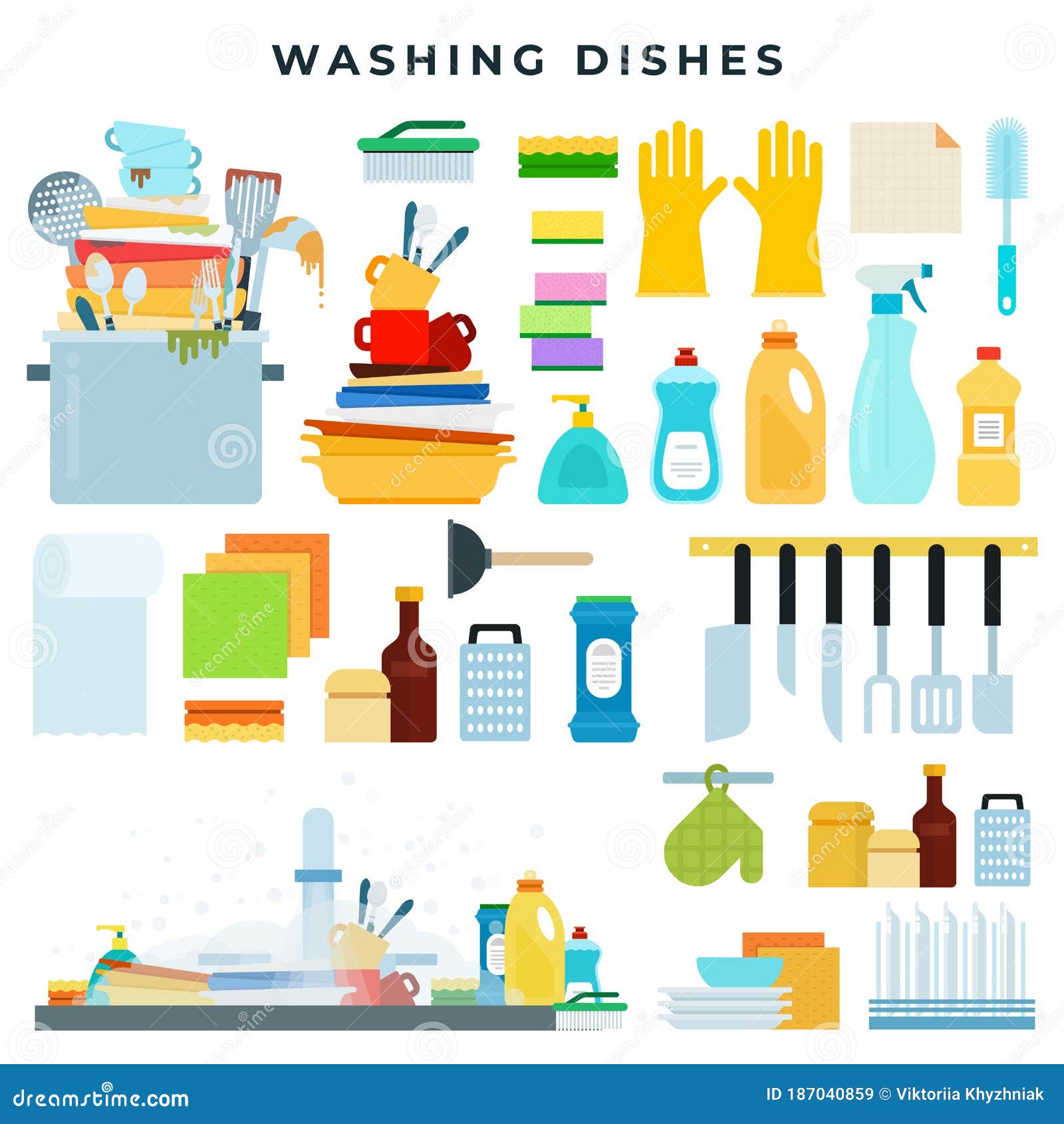 Dish Washing Equipment, Dirty and Clean Dishes, Kitchen Utensils,  Detergents, Dinnerware in Sink. Set of Flat Style Stock Vector -  Illustration of kitchenware, icon: 187040859