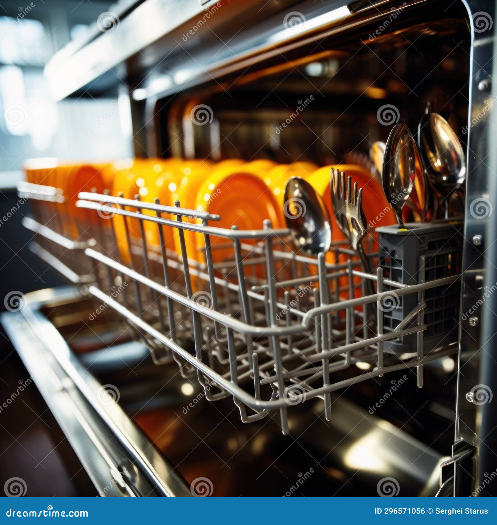 A Dishwasher with Many Plates and Utensils Inside, AI Stock Photo