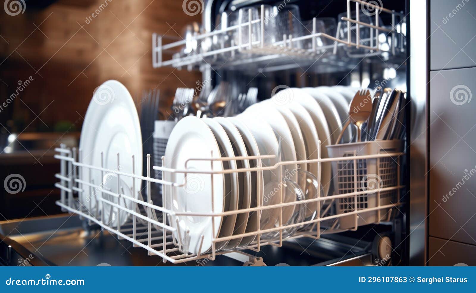 Dishwasher with Plates and Utensils in it, AI Stock Image Image of