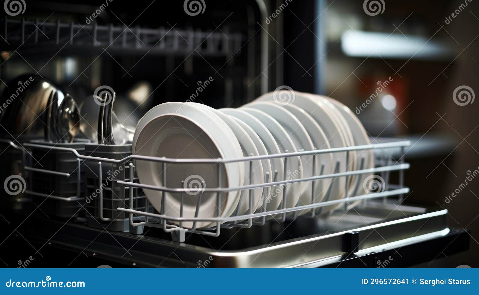 A Dishwasher with Several Plates and Utensils, AI Stock Image Image