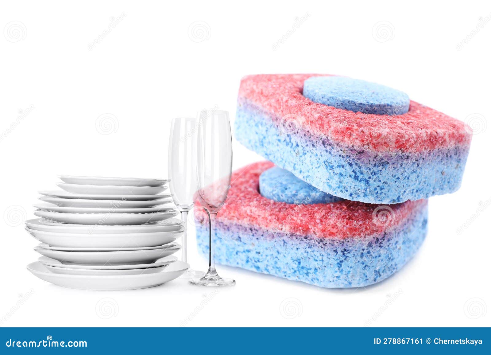 Dishwasher Tablets and Clean Tableware Isolated on White, Collage