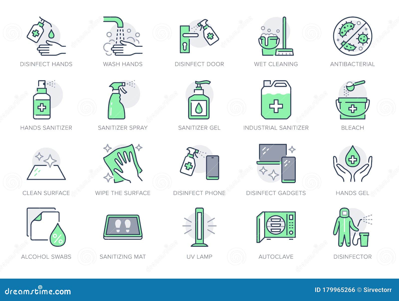 disinfection line icons.   included icon as spray bottle, floor cleaning mop, wash hand gel, autoclave
