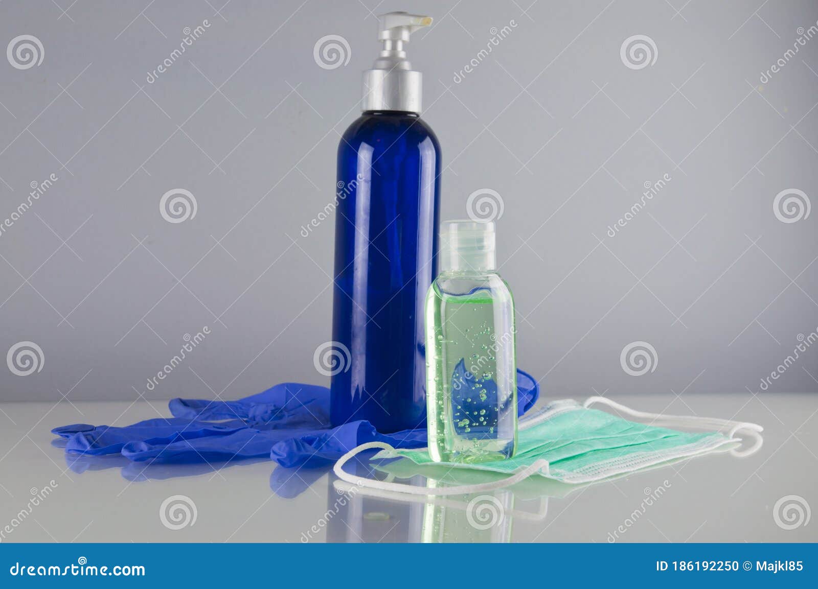 disinfection liquids, face mask and disposable glove - pandemics precaution