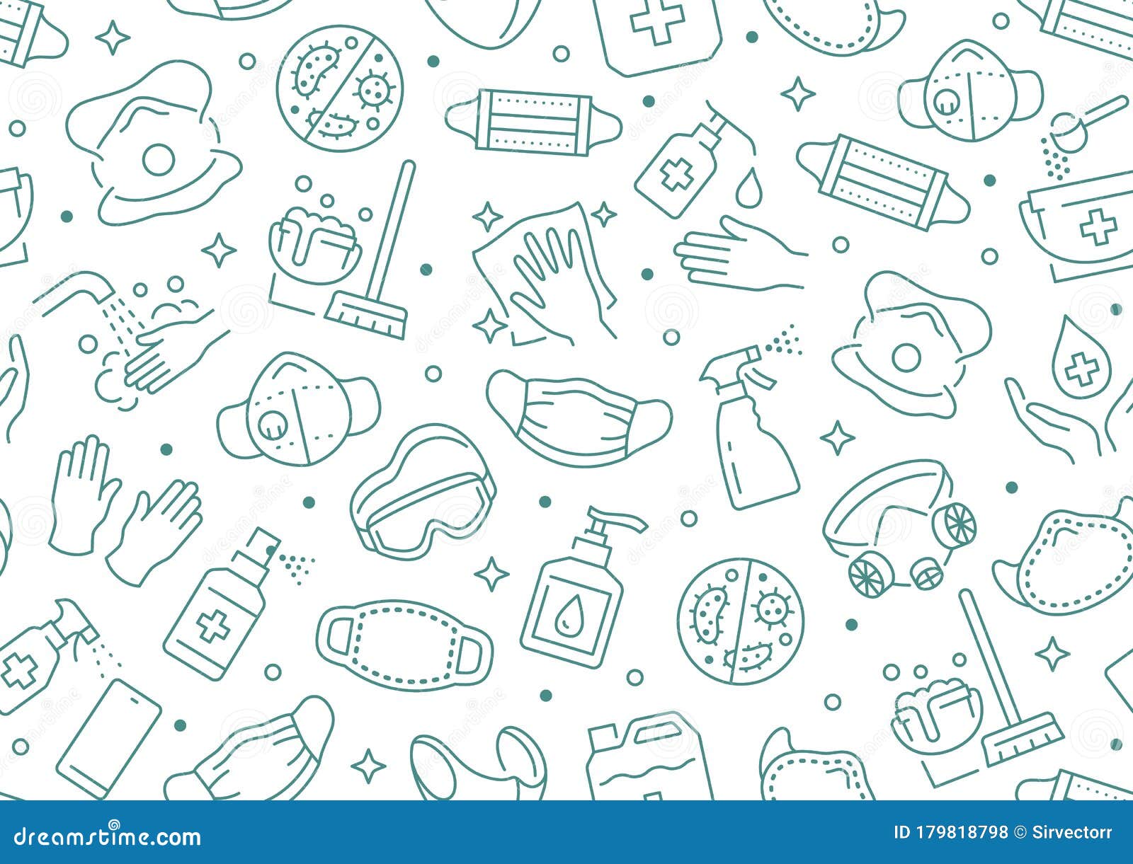 disinfection seamless pattern.  background included line icons as aerosol, sanitizer, wet cleaning, protection