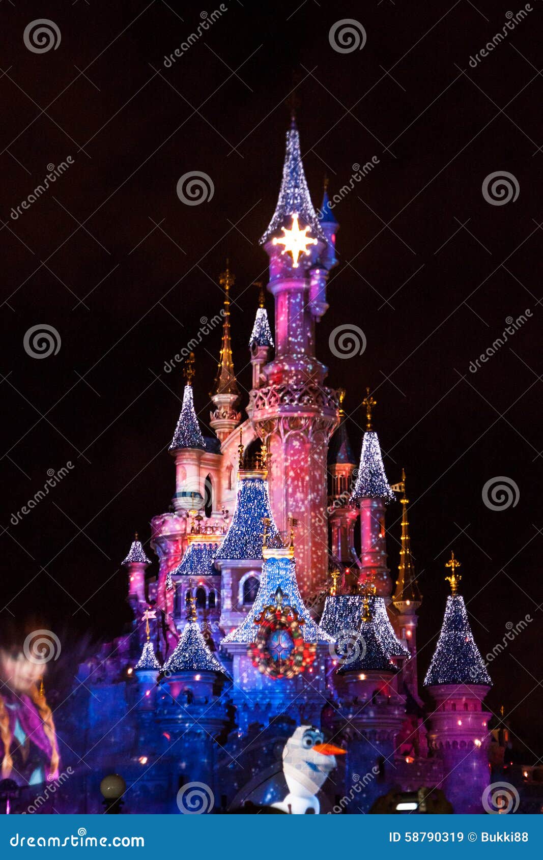 Night performances near Sleeping Beauty castle in Disneyland Paris. Disneyland  Paris (Euro Disney Resort) - entertainment resort in Marne-la-Vallee.  Marne-la-Vallee, France. March 30, 2019. Stock Photo