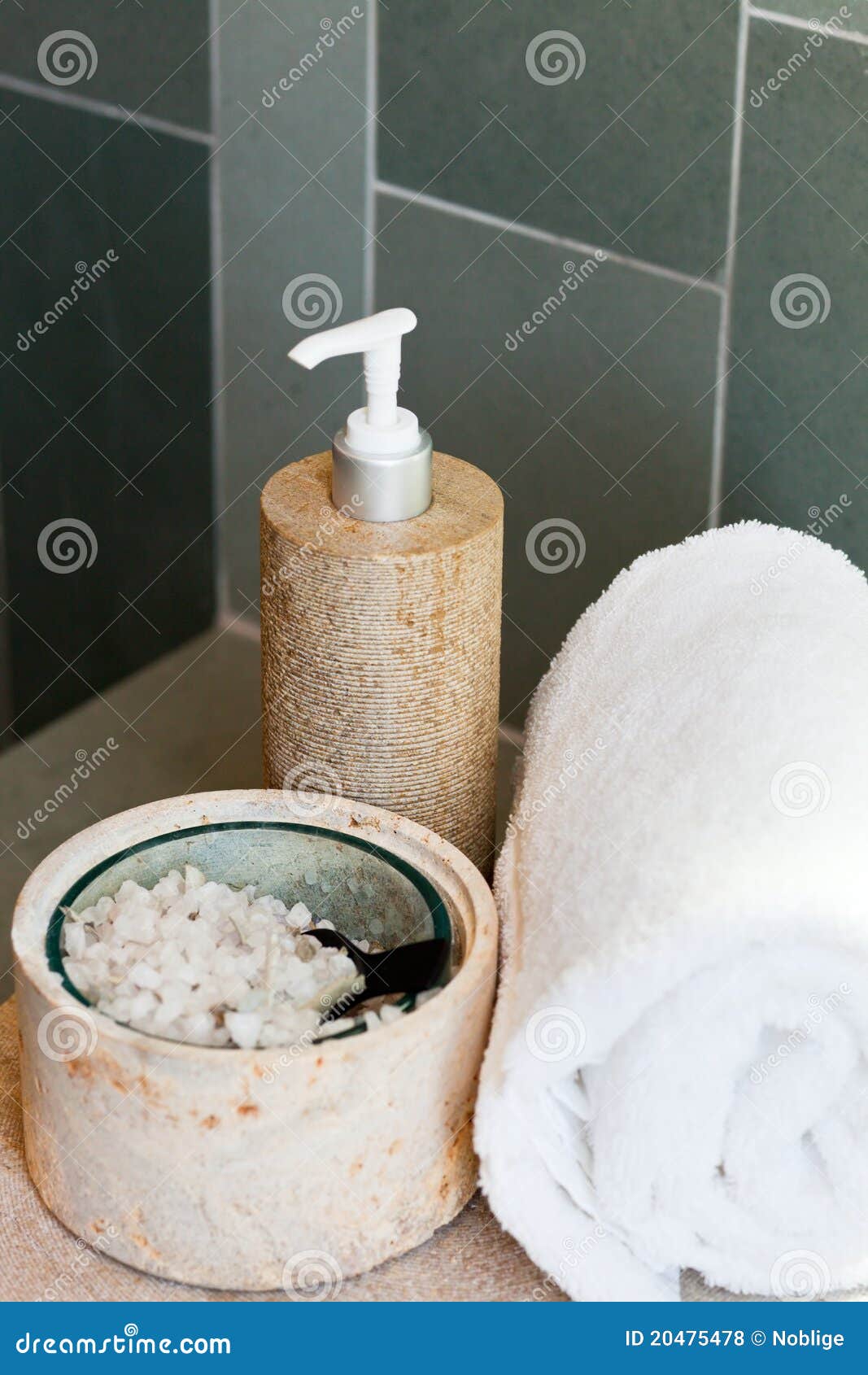 Dispenser, Bath Salt and Towel Stock Photo - Image of bathroom, pure ...