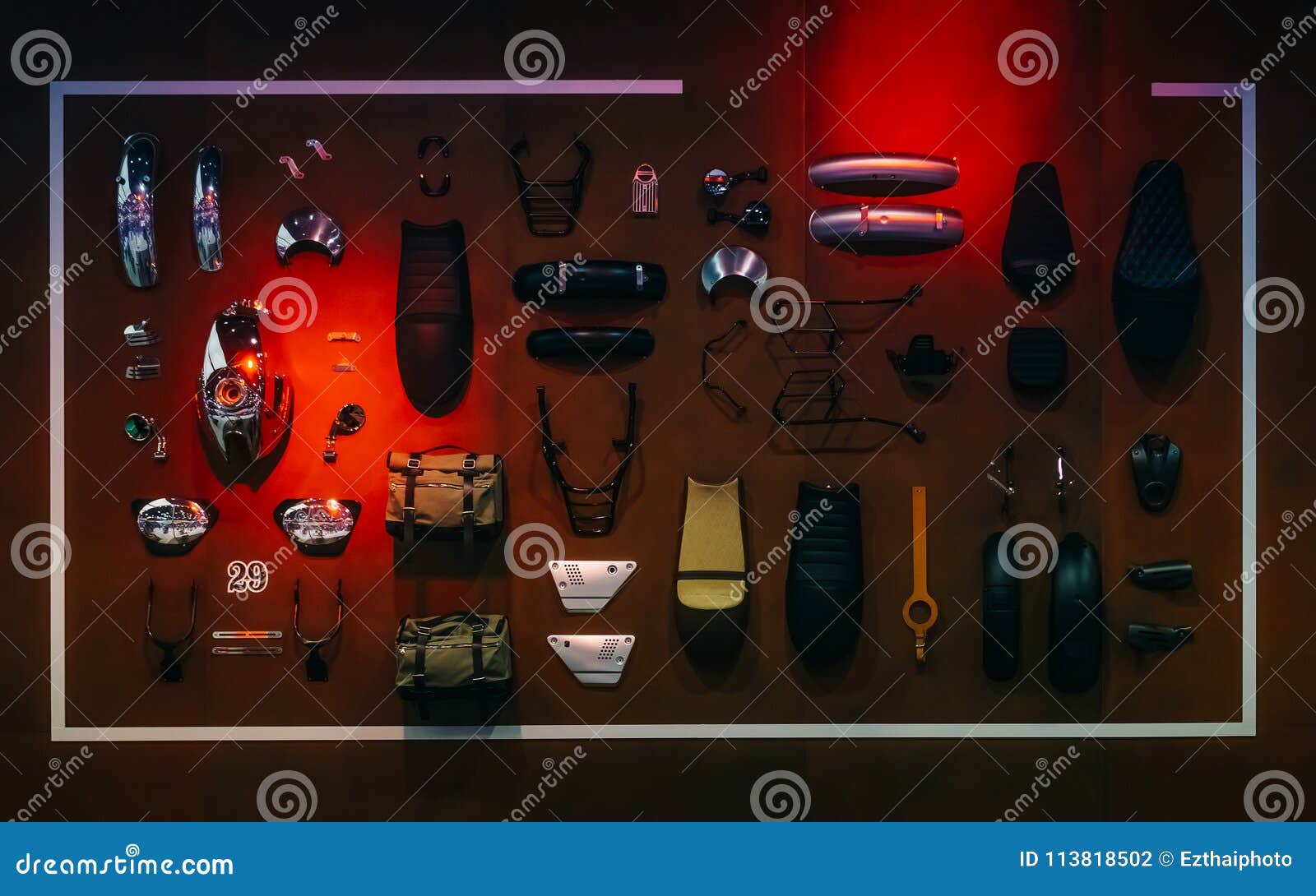 display of motorcycle accessories and spare parts arrangement h
