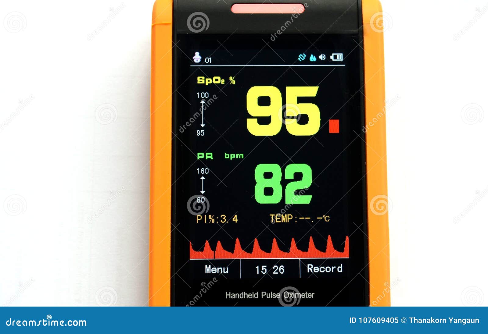 display of the pulse oximeter showing blood oxygen ninety-five in yellow and pulse eighty-two in green..