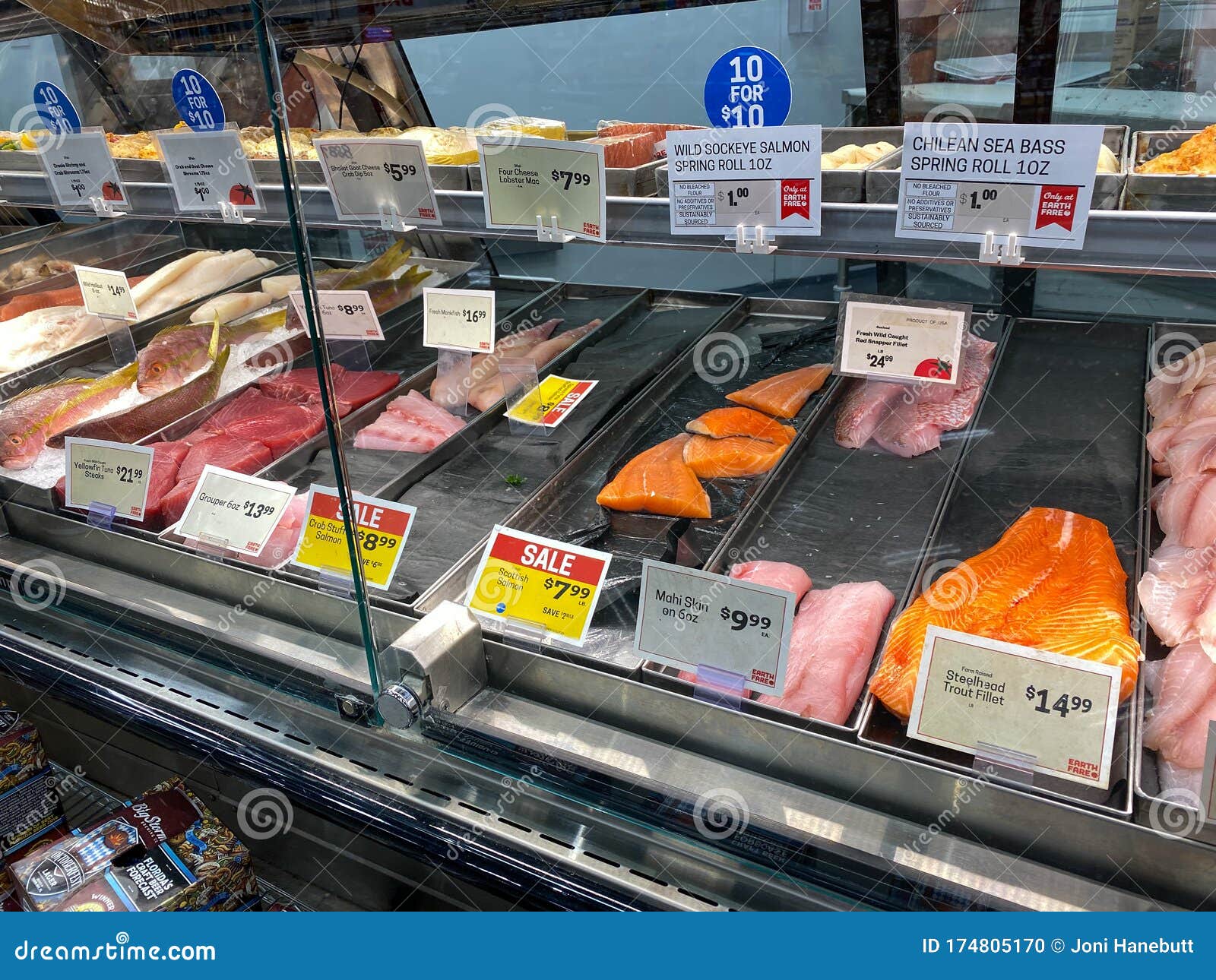 A Display of a Variety of Fish in a Refrigerated Case at a Grocery
