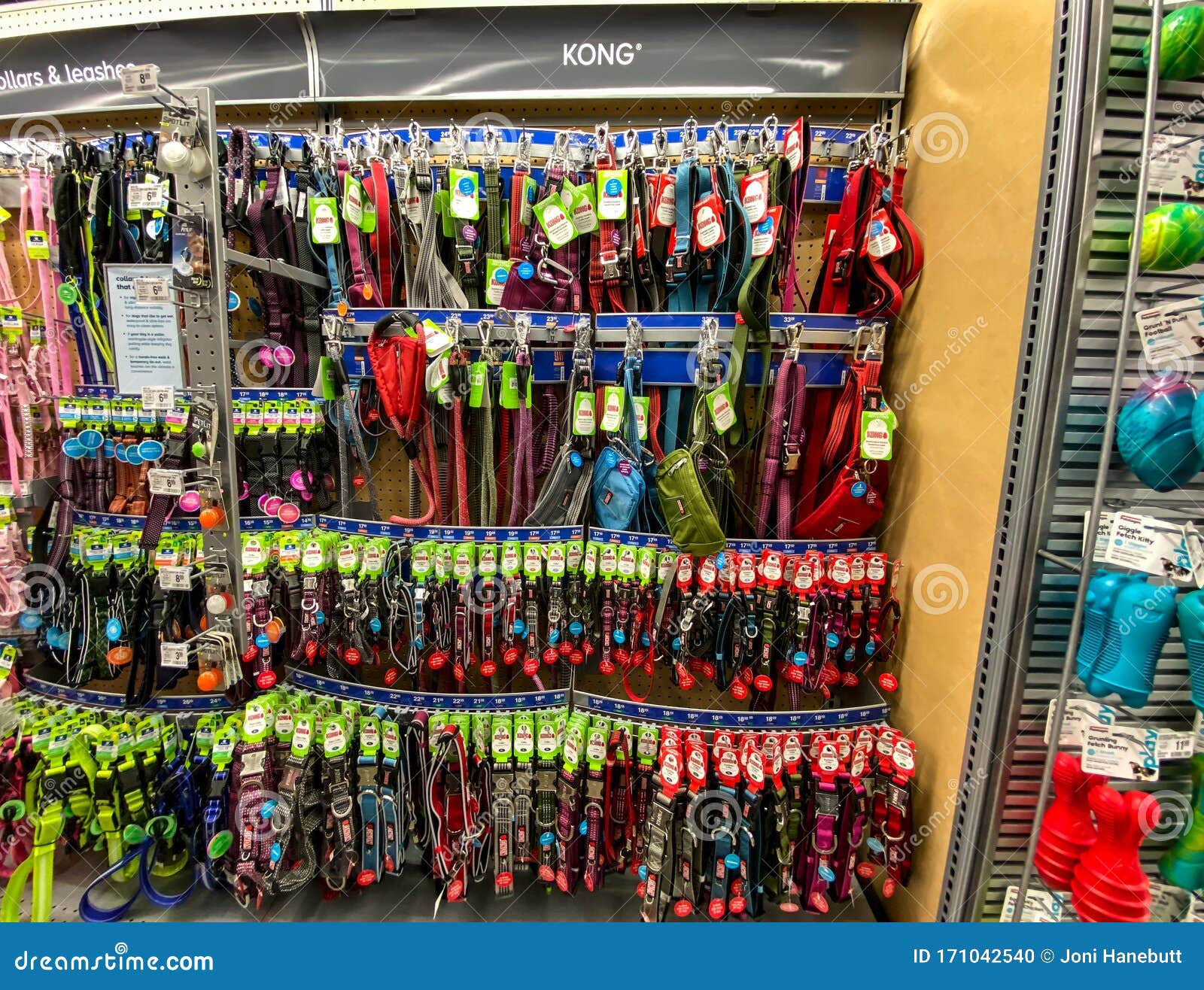 A Display of Various Brands of Kong Dog Collars and Leashes for