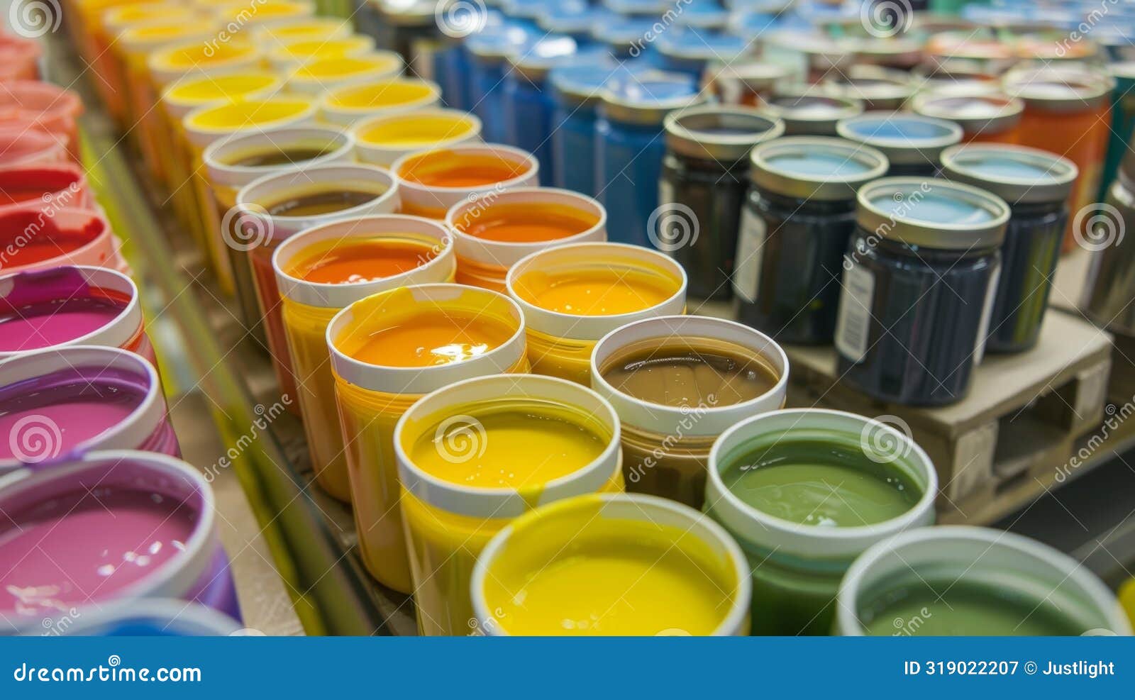 a display of various sized jars of petroleum jelly with colorful labels and packaging ready to be shipped off to