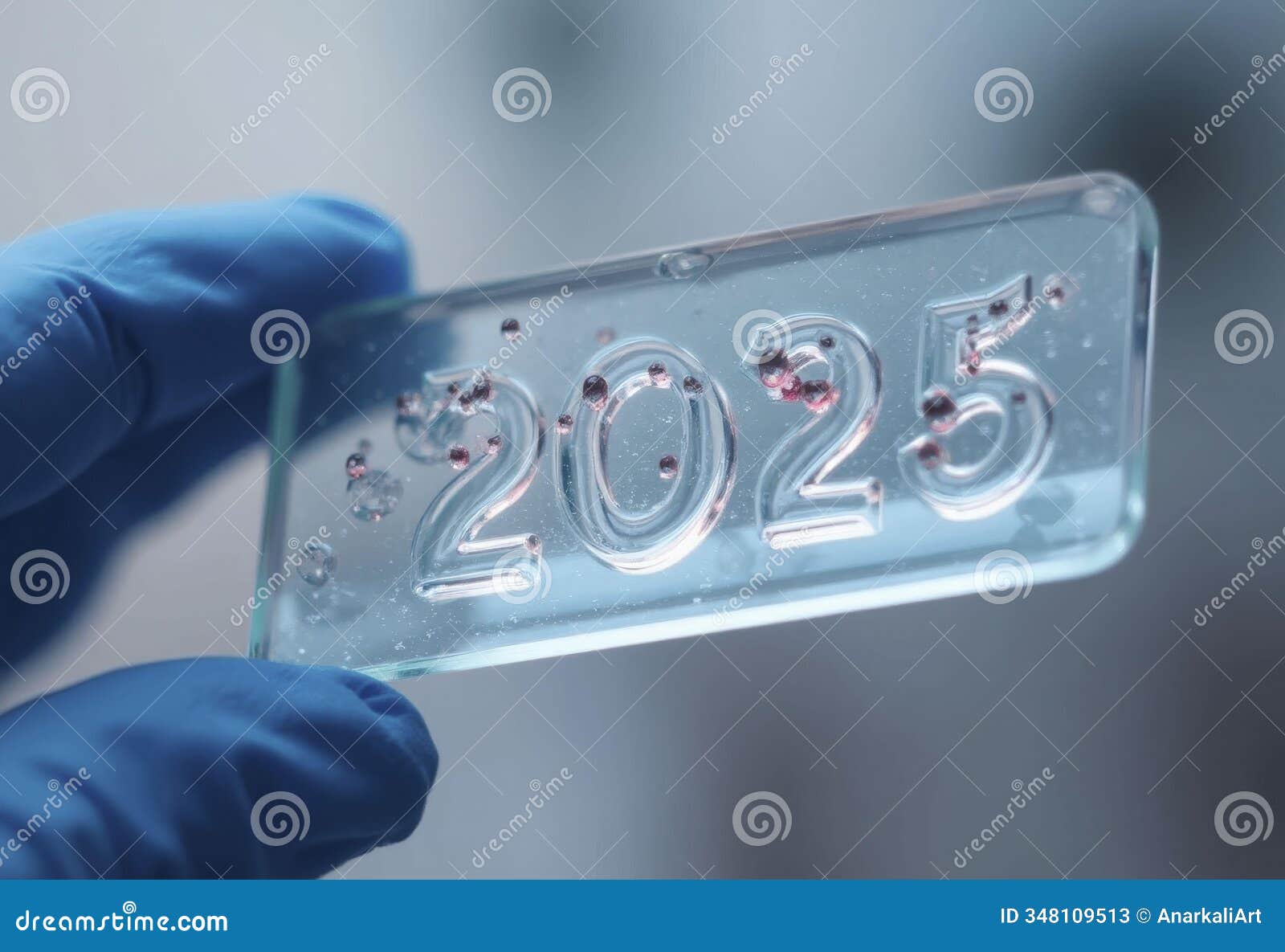 2025 displayed on a glass slide with red microbeads, held by gloved hands in a scientific setting