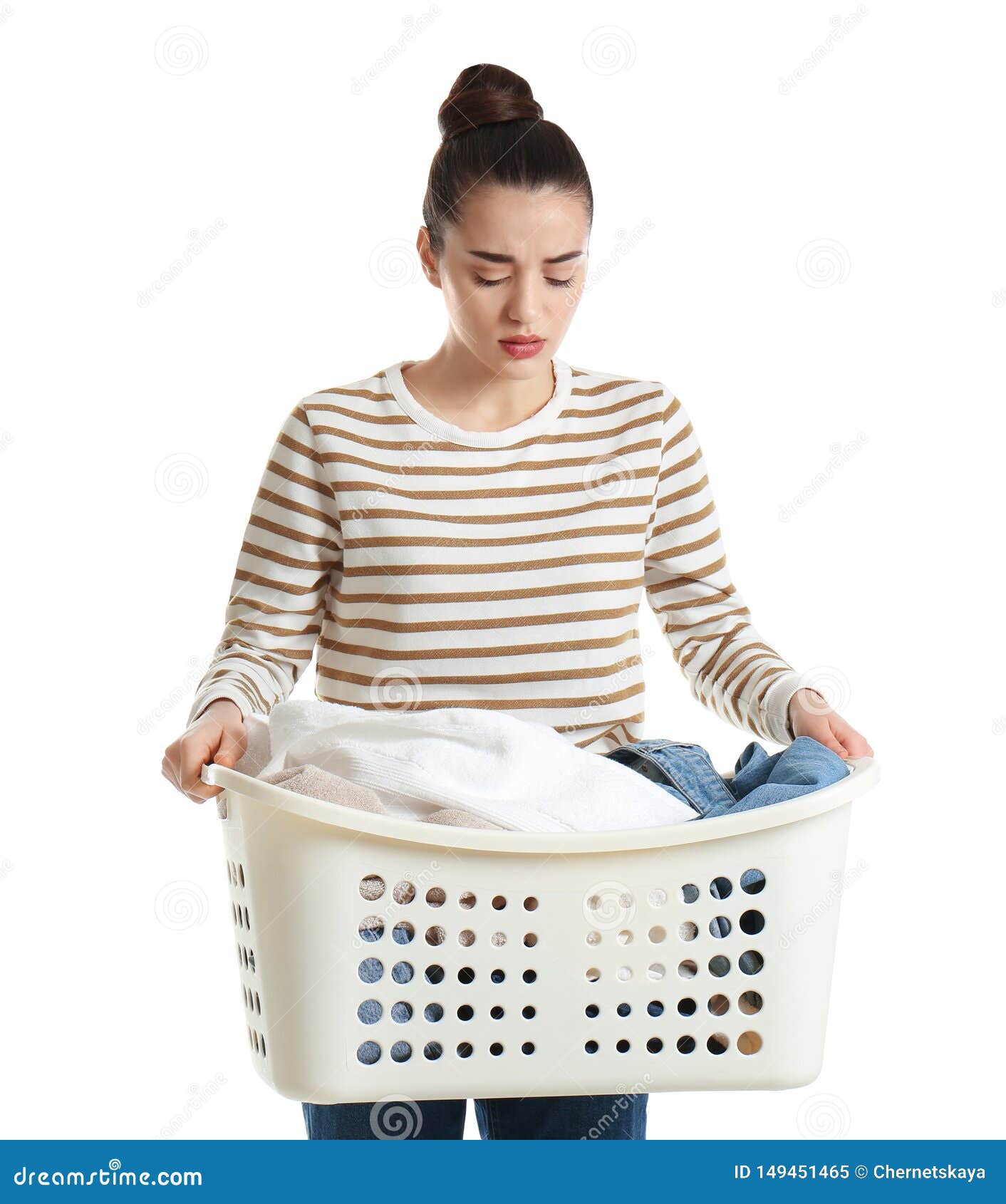 Displeased Young Woman Holding Basket with Laundry Stock Image - Image ...