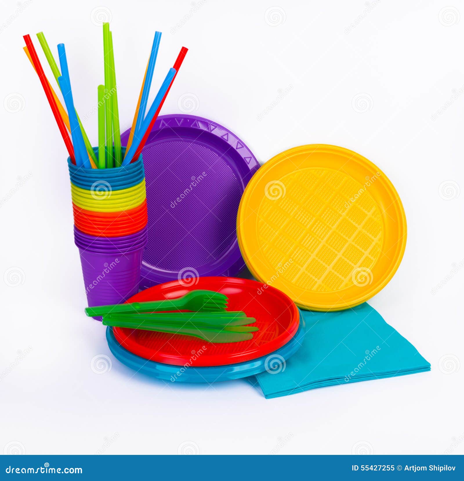 Disposable Bright Plastic Kitchenware Stacked on White Stock Image