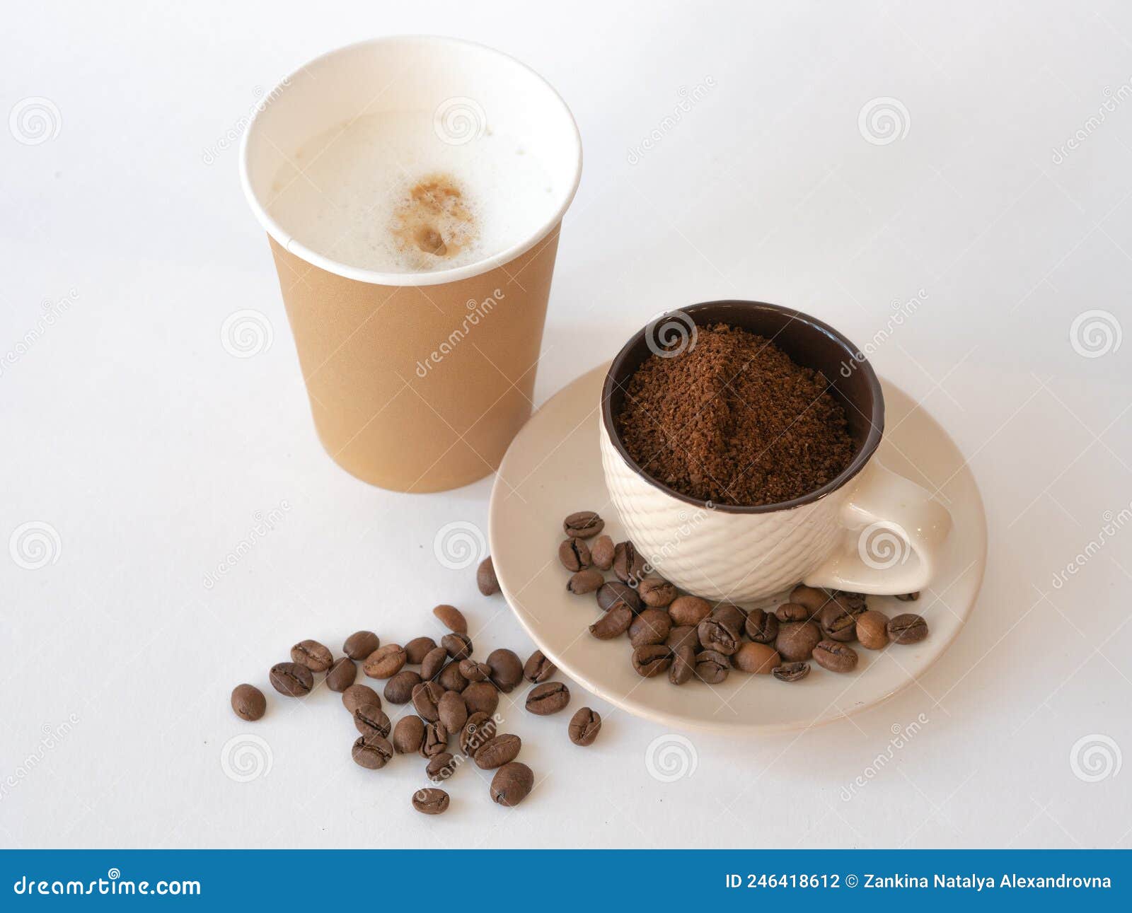 Disposable Paper Cup, Cup with Ground Coffee and Coffee Beans on White