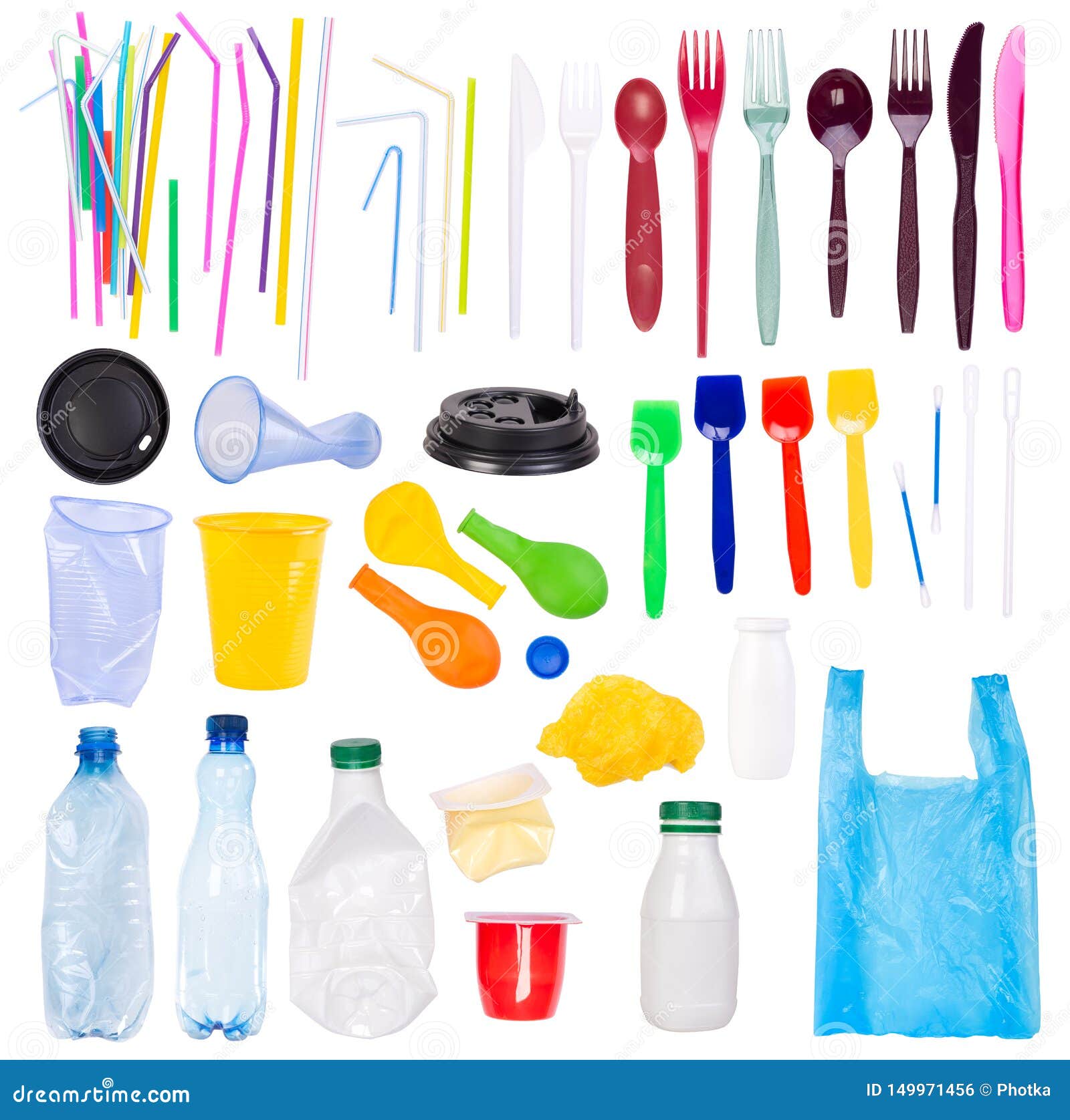 disposable single use plastic objects  on white background