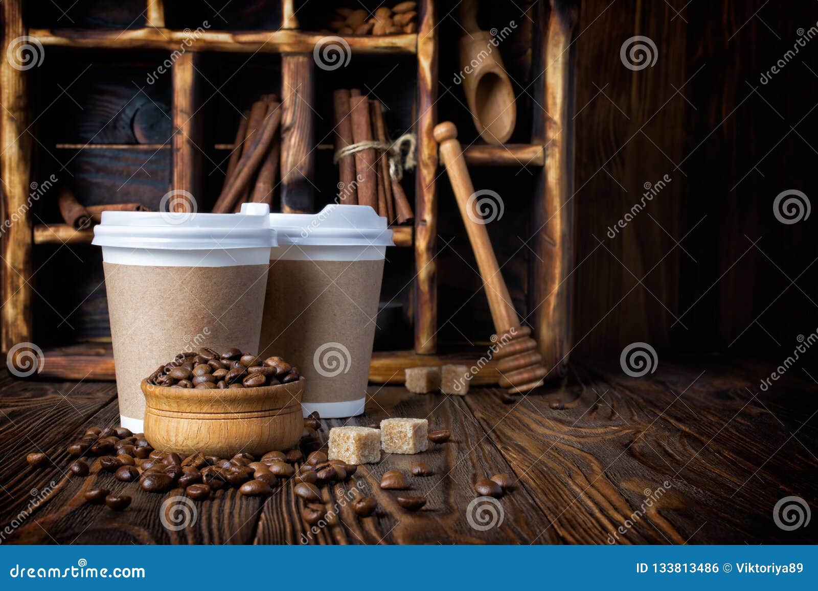 Download Take-out Mock-up Paper Cup With Coffee Beans And Sugar Crystal Stick On Rustic Wooden Background ...