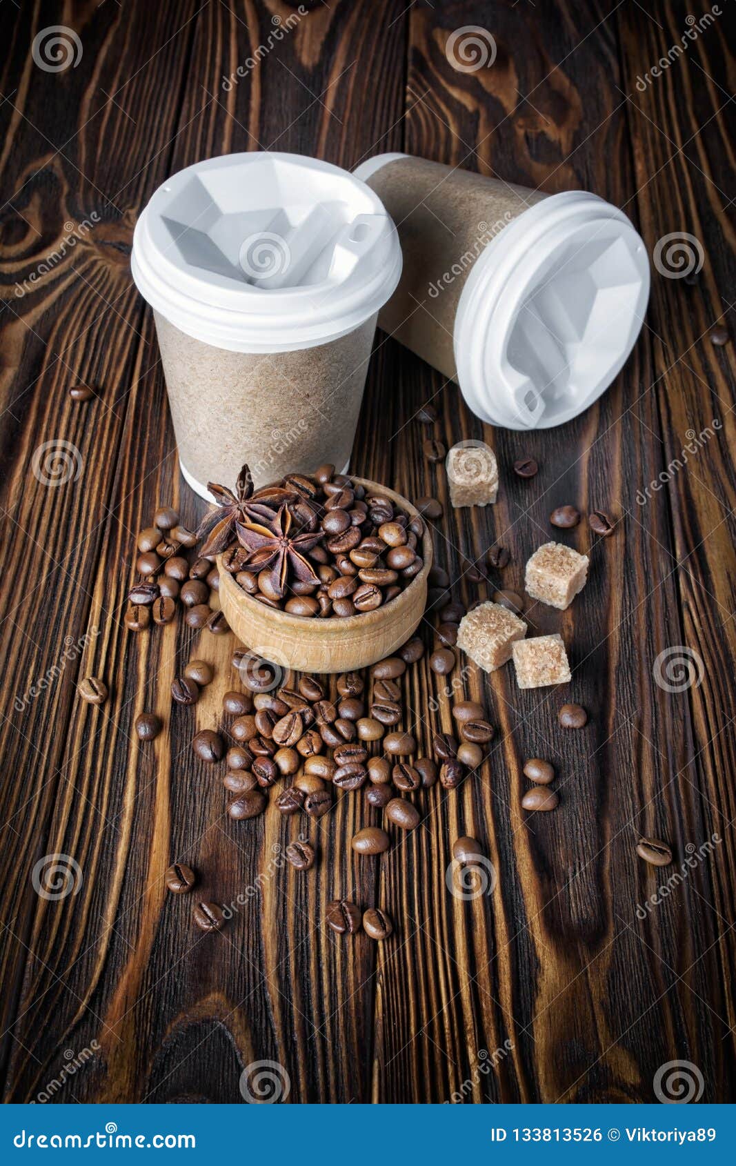 Download Disposable Take-out Mock-up Paper Cups With Coffee Beans, Sugar And Anise Stars For Morning ...